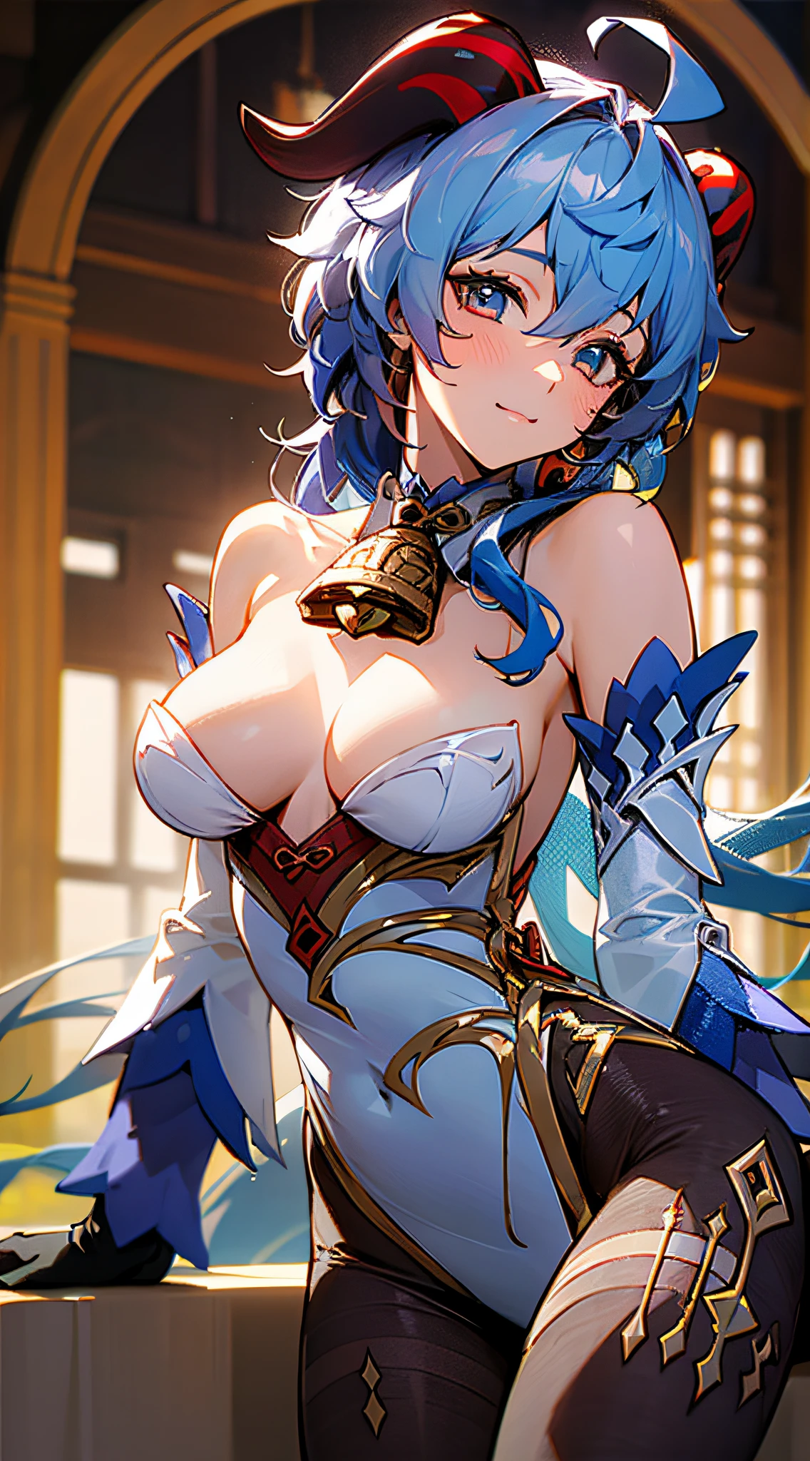 (photorealistic:1.4), (masterpiece, sidelighting, finely detailed beautiful eyes: 1.2), masterpiece*portrait, realistic, 3d face, 
ganyu \(genshin impact\), 1girl, ahoge, architecture, bangs, bare shoulders, bell, black gloves, black pantyhose, (blue hair), blush, breasts, chinese knot, detached sleeves, flower knot, gloves, horns, long hair, looking at viewer, medium breasts, neck bell