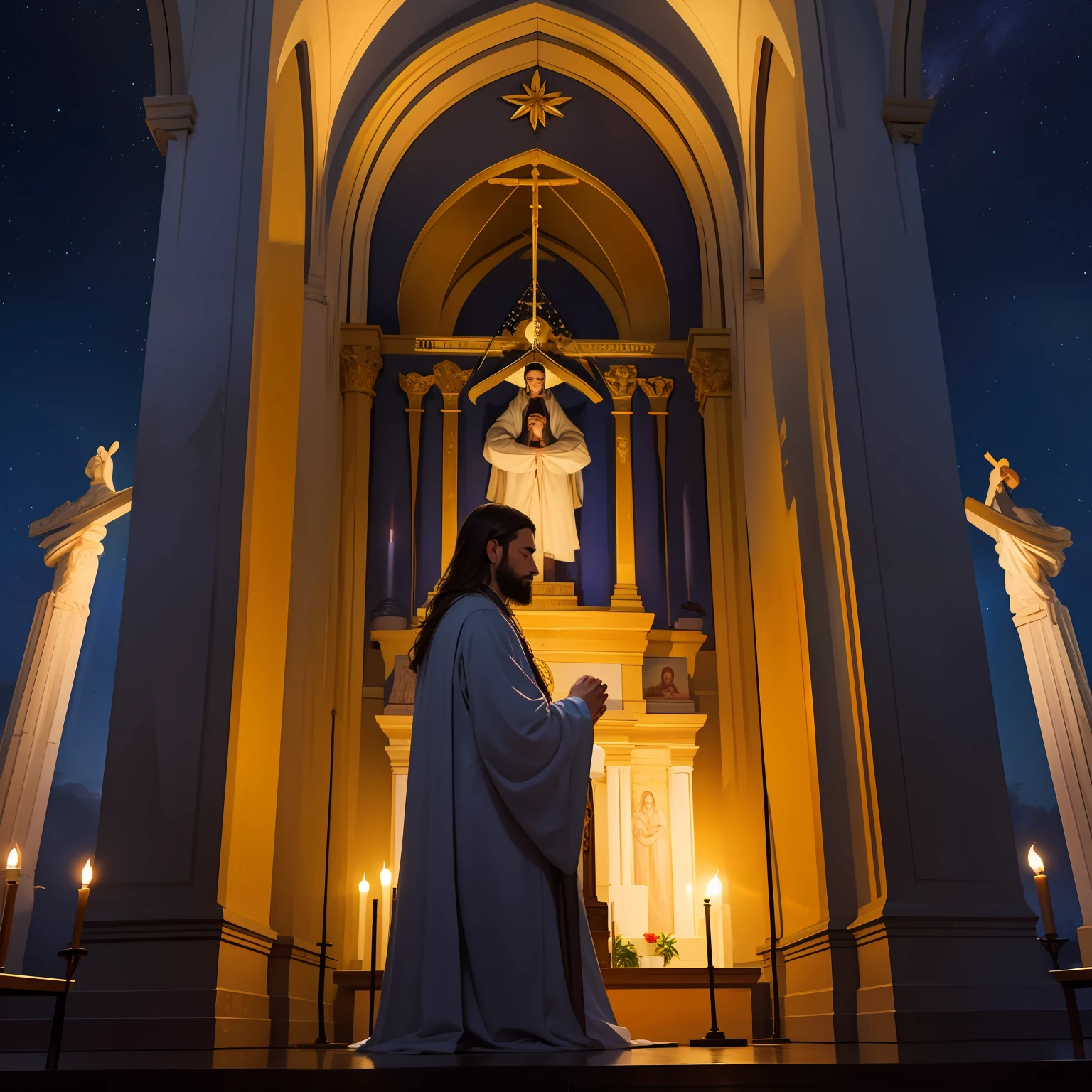 homen Jesus, praying, ceu de noite com lua e estrelas, dentro da igreja