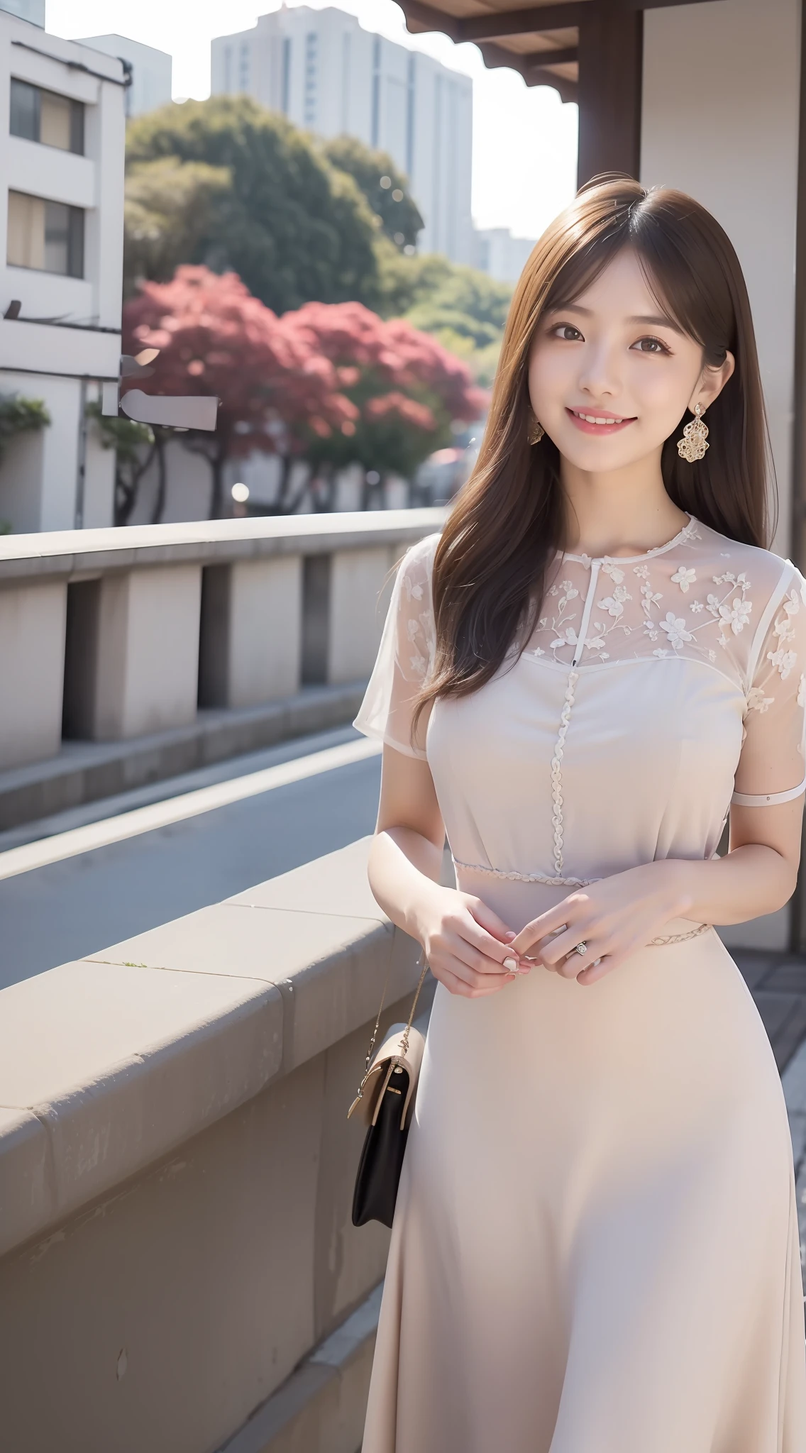 (top-quality、​masterpiece)、Cover of women's cooking magazine、1 woman、26 year old、A stunning、(Model Beauty、Heartwarming smile、The figure of the hourglass、Wearing a classy summer dress in beige、magazine title、 up looking, city, depth of fields, Outdoors,Japan Girl:1.6), Long hair,（Original: 1.0), (Realistic: 1.5), beautiful girl with beautiful details, extremely detailed eye and face, (Eyes with beautiful details,Double eyes）, ultra -detail, hight resolution, ultra-detailliert, Best Quality, masutepiece, Highly detailed ticker Unity 8k wallpaper, Cinematic lighting, (perfect glossy skin:0.6), (slim and smooth lines), （Purple blouse、White flared skirt、Girly outfits、Sandals with ribbons on the feet、Be cute、Sweet accent accessories with flower earrings or bags）