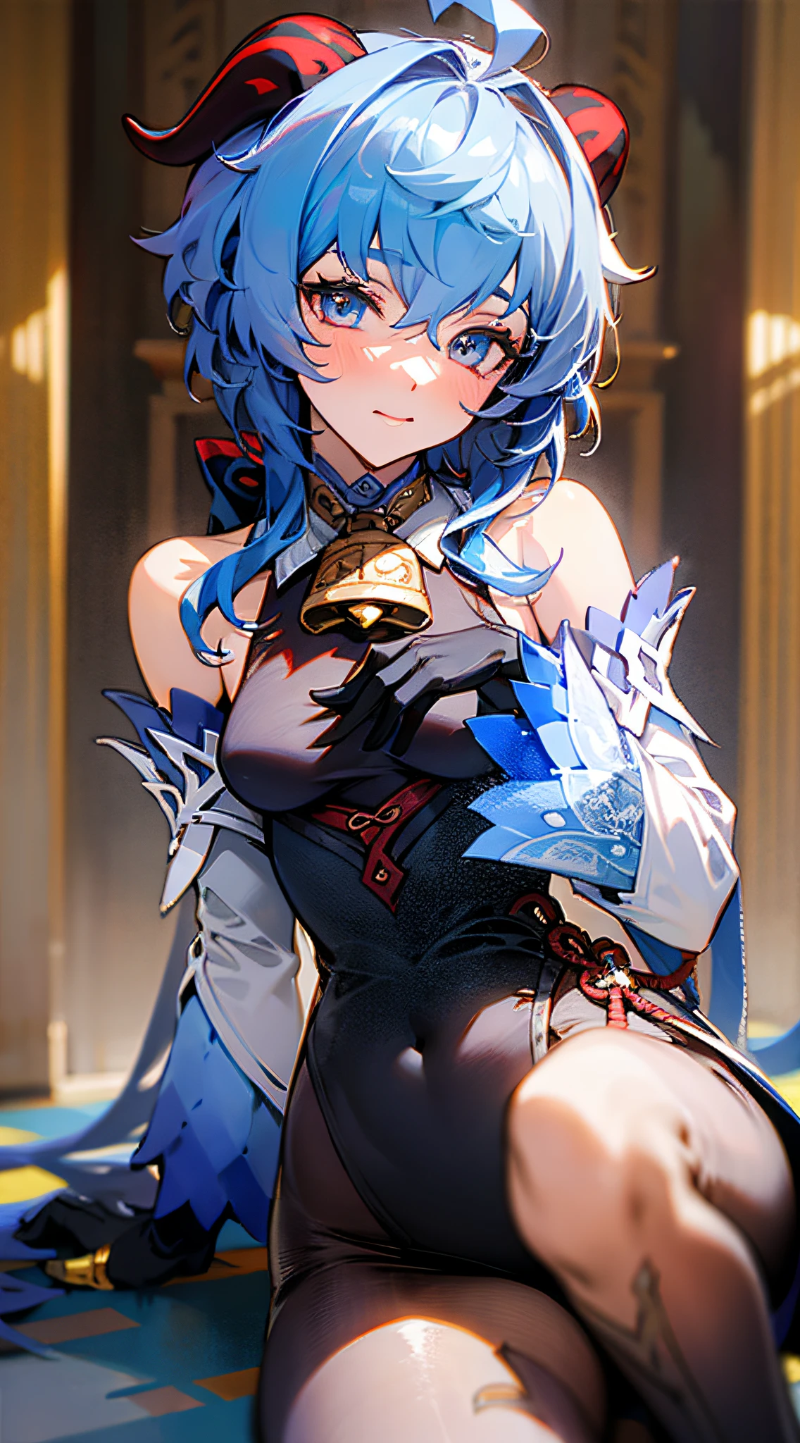 (photorealistic:1.4), (masterpiece, sidelighting, finely detailed beautiful eyes: 1.2), masterpiece*portrait, realistic, 3d face, 
ganyu \(genshin impact\), 1girl, ahoge, architecture, bangs, bare shoulders, bell, black gloves, black pantyhose, (blue hair), blush, breasts, chinese knot, detached sleeves, flower knot, gloves, horns, long hair, looking at viewer, medium breasts, neck bell