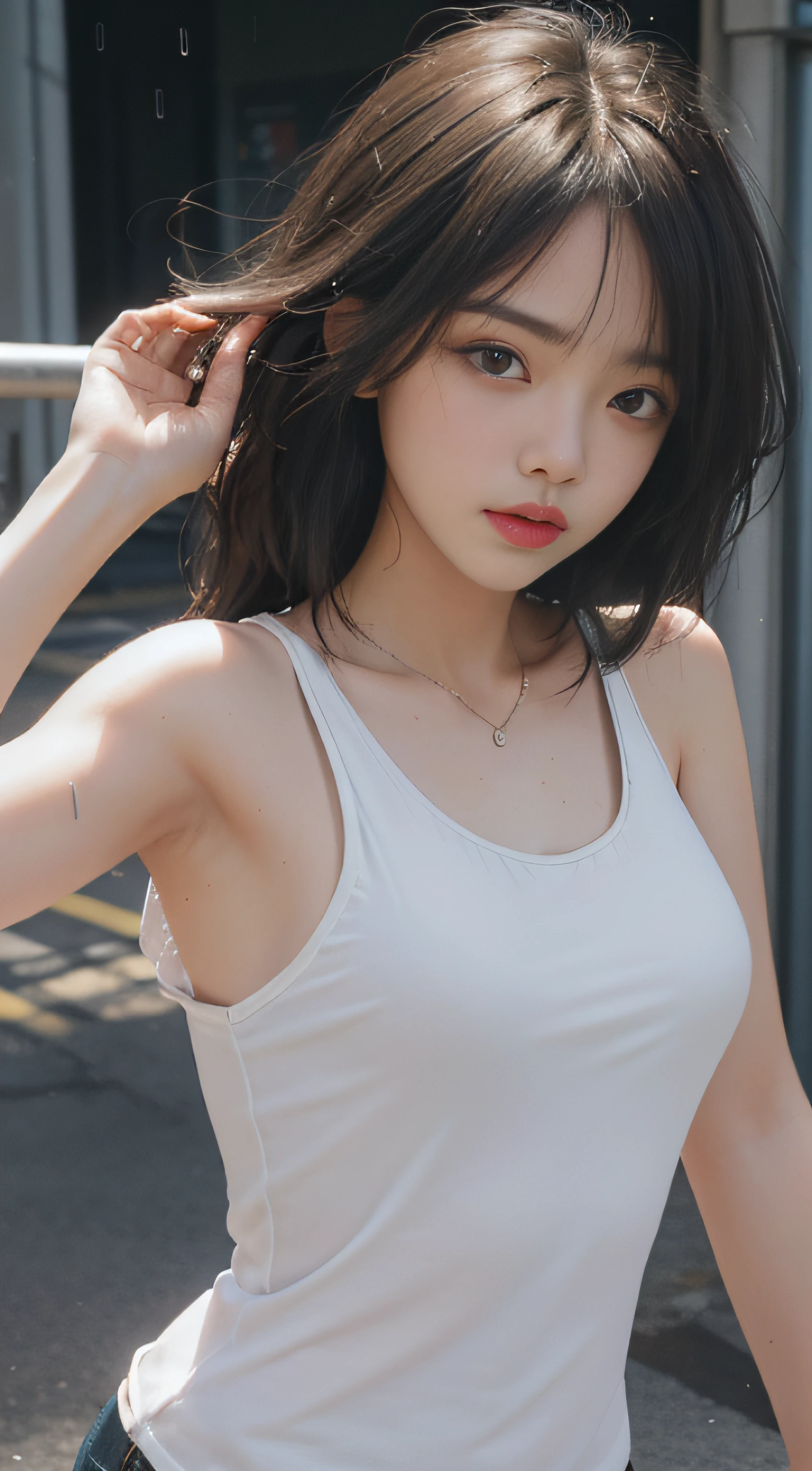 ((Best quality, 8k, Masterpiece :1.3)), Sharp focus :1.2, perfect figure beautiful woman:1.4, Slim abs:1.2, ((Layered Hair Style,)), (Tank top shirt:1.1 ), (the street:1.2), Highly detailed facial and skin texture, A detailed eye, 二重まぶた,（torn laundry：1.5）， Best Picture Quality， tmasterpiece， 超高分辨率， （fidelity：1.4）， photore， 1 rapariga，[（grieves）]，white  shirt， dimly lit， darkly， be desperate， pitying， cute little， cinematic ligh， tears， tear drop， （torn laundry：1.5）， （wetclothes：1.4）， exposed bare shoulders， Real rain， Wet hair,