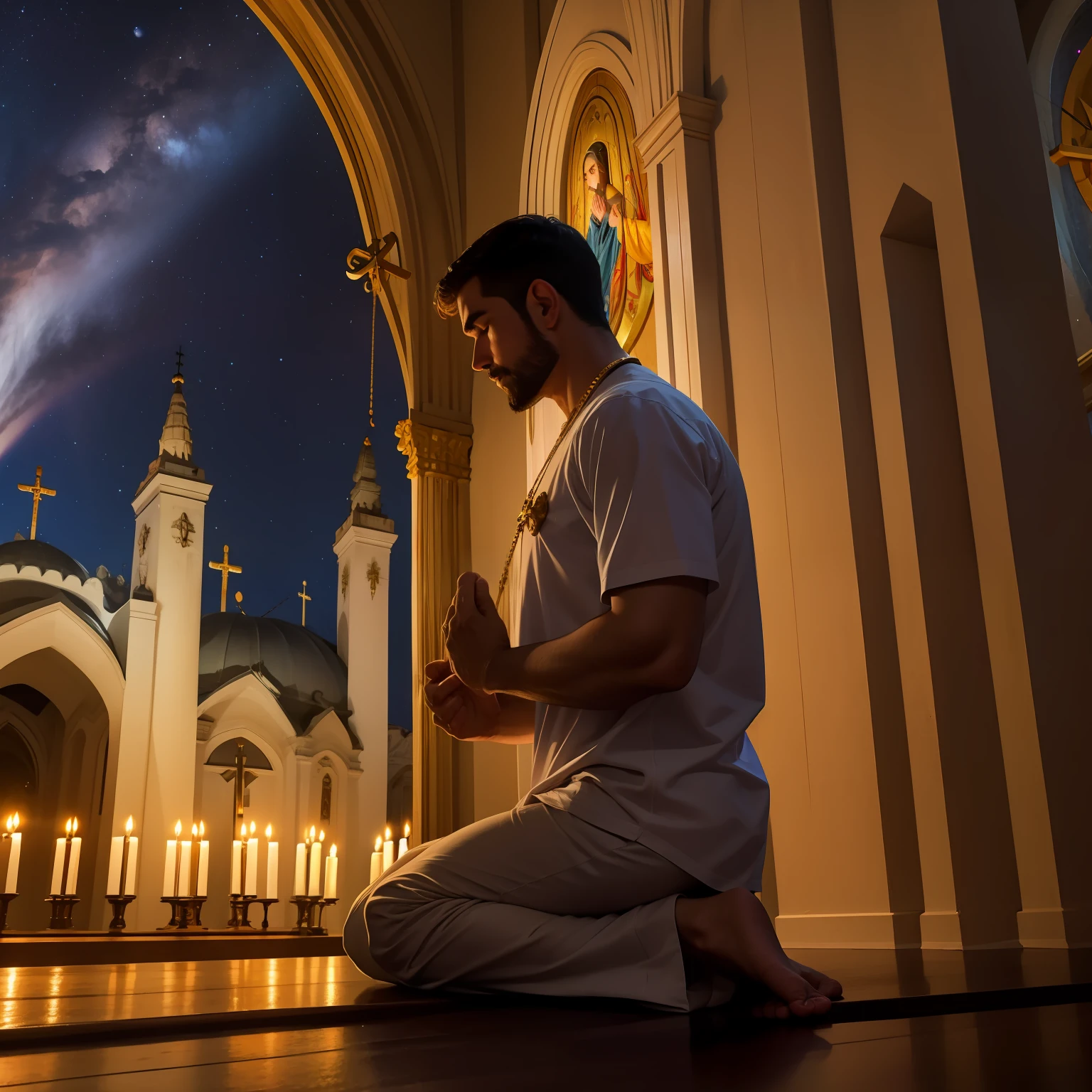 homen Jesus, praying, ceu de noite com lua e estrelas, dentro da igreja