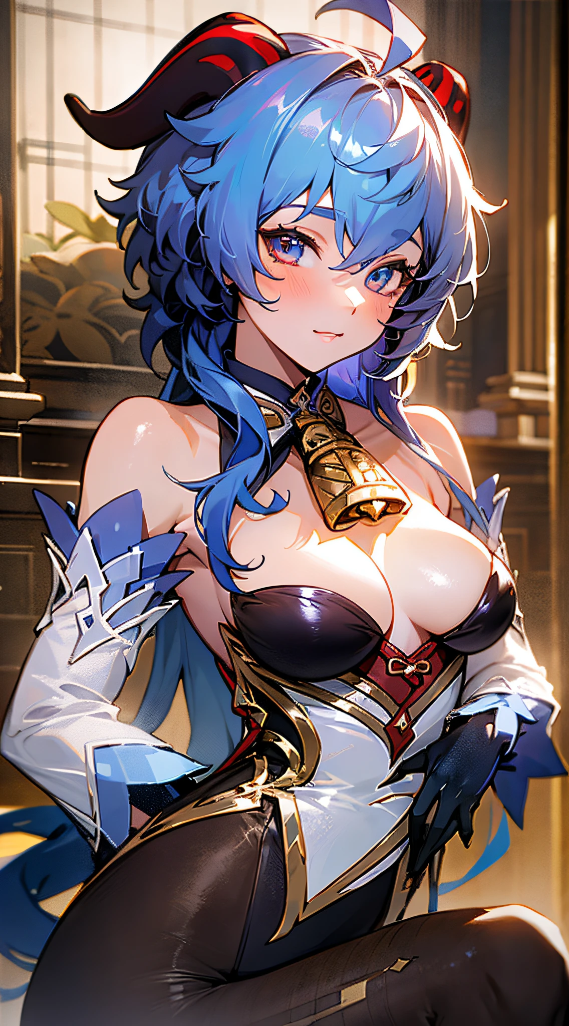 (photorealistic:1.4), (masterpiece, sidelighting, finely detailed beautiful eyes: 1.2), masterpiece*portrait, realistic, 3d face, 
ganyu \(genshin impact\), 1girl, ahoge, architecture, bangs, bare shoulders, bell, black gloves, black pantyhose, (blue hair), blush, breasts, chinese knot, detached sleeves, flower knot, gloves, horns, long hair, looking at viewer, medium breasts, neck bell