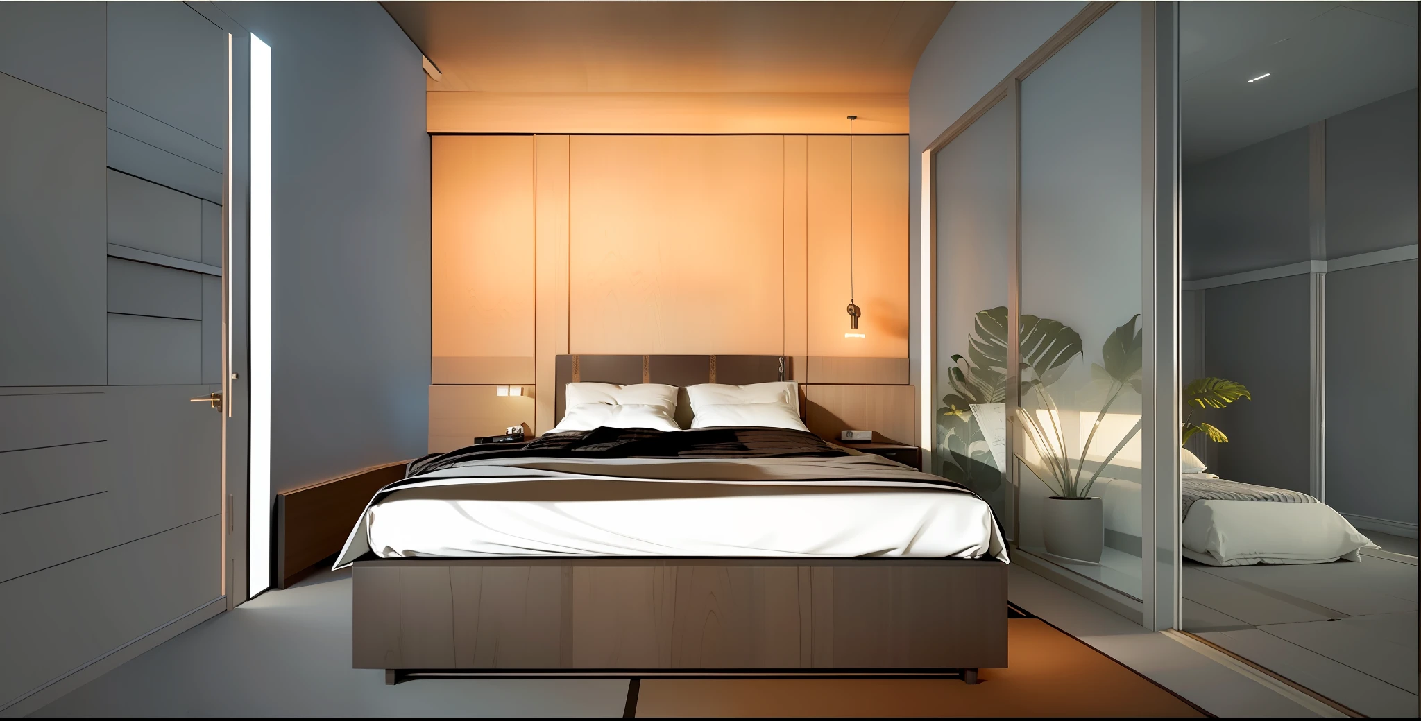 modern style, realistic, super detailed, surreal photo, high photo quality, bedroom, dark wooden bed, wood paneled headboard, recessed ceiling light, plaster ceiling, hanging bedside lamp, sheet fabric bed, velvet pillow, outside the corridor there is a small garden, a large bright window, a dressing room on the left, warm light