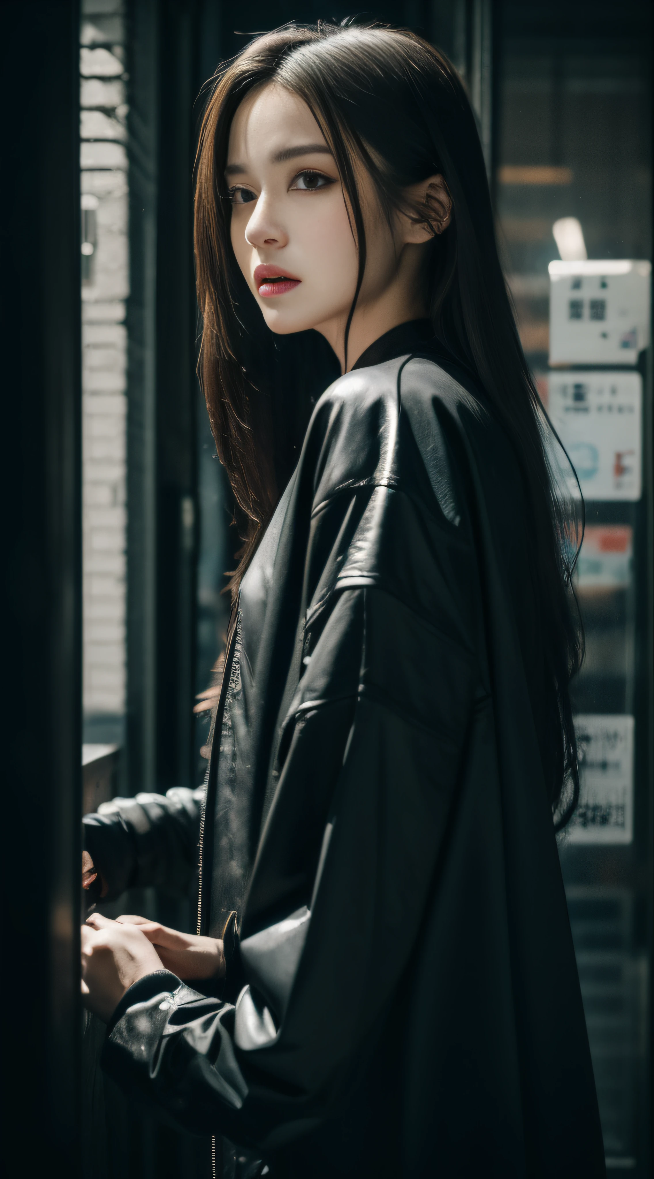 ​masterpiece、hightquality、Soio、beautiful model、Back lighting、beautiful hairl、A detailed eye、Dramatic scenes、Neon Sign Street、Beautiful 26 year old woman sitting on bench, Blade Runners Air、full body Esbian、Cinematic. leng jun, Anime style mixed with Fujifilm, mid shot portrait, cyberpunk streetwear, Inspired by Liam Wong, inspired by Kanō Naizen, cyberpunk vibe, cyberpunk photo, muted cyberpunk style, Medium shot portrait, hyper-realistic cyberpunk style, wearing cyberpunk streetwear、Powerful Hand Pose、low angles、wide-angle lens、14mm lens、sigma、Depth of subject、8K High Resolution、细致背景、Drawing with enhanced hair details、A detailed face、more hair、Detailed nose、Detailed mouth、Detailed body、stares at the camera、Hair details