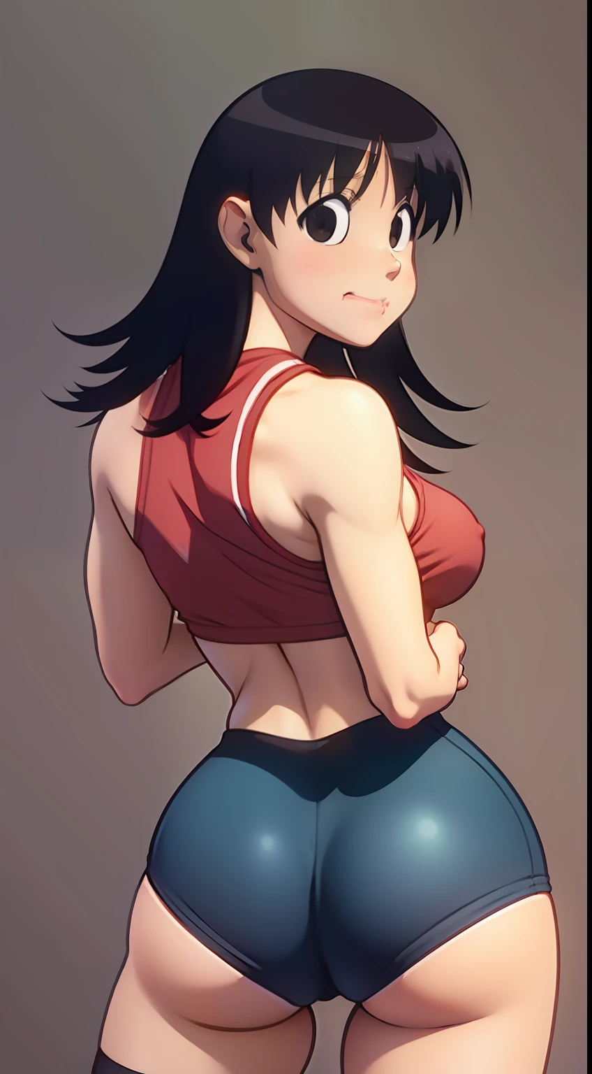 Tomo Takino, Azumanga daioh, black hair, messy hair, tank top,  Nike striped biker shorts, black socks, shoes, breasts, Wallpaper, Close-Up, back of view, standing up, checking out her butt, ass view, smirking, hands on her waist, tight ass cheeks, biker short view, skin tight, looking at her butt, sticking her tongue