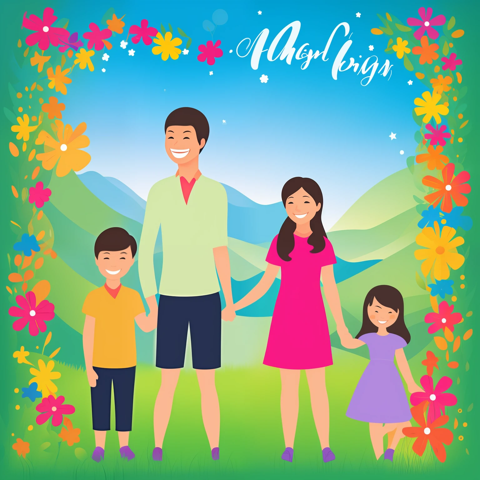 cover illustration、No letters、one children、dad bod、Mami、Holding hands and hands、Use bright things, bright colour、A smile、No letters、happy feeling