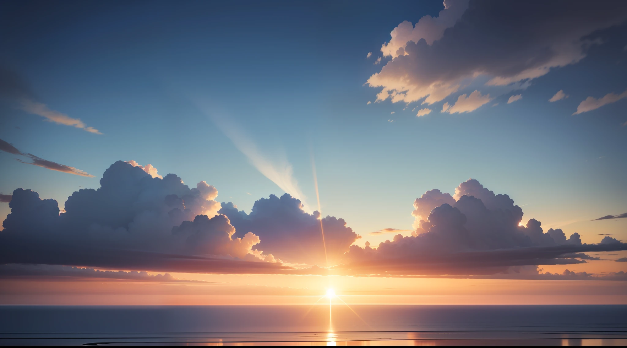 Azure sky at dawn、Fantastic and ethereal、Wonderful morning sun on the floating horizon、Detailed CG depiction、Photorealism-based 1.3x more detail、Cinematic shots with HDR effect、Vignette and center screen、Generate in automatic mode