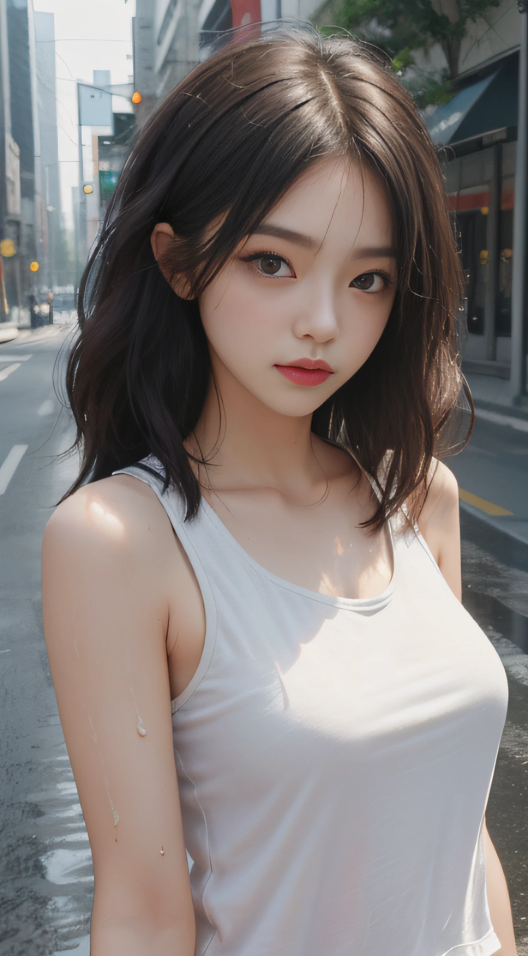 ((Best quality, 8k, Masterpiece :1.3)), Sharp focus :1.2, perfect figure beautiful woman:1.4, Slim abs:1.2, ((Layered Hair Style,)), (Tank top shirt:1.1 ), (the street:1.2), Highly detailed facial and skin texture, A detailed eye, 二重まぶた,（torn laundry：1.5）， Best Picture Quality， tmasterpiece， 超高分辨率， （fidelity：1.4）， photore， 1 rapariga，[（grieves）]，white  shirt， dimly lit， darkly， be desperate， pitying， cute little， cinematic ligh， tears， tear drop， （torn laundry：1.5）， （wetclothes：1.4）， exposed bare shoulders， Real rain， Wet hair,