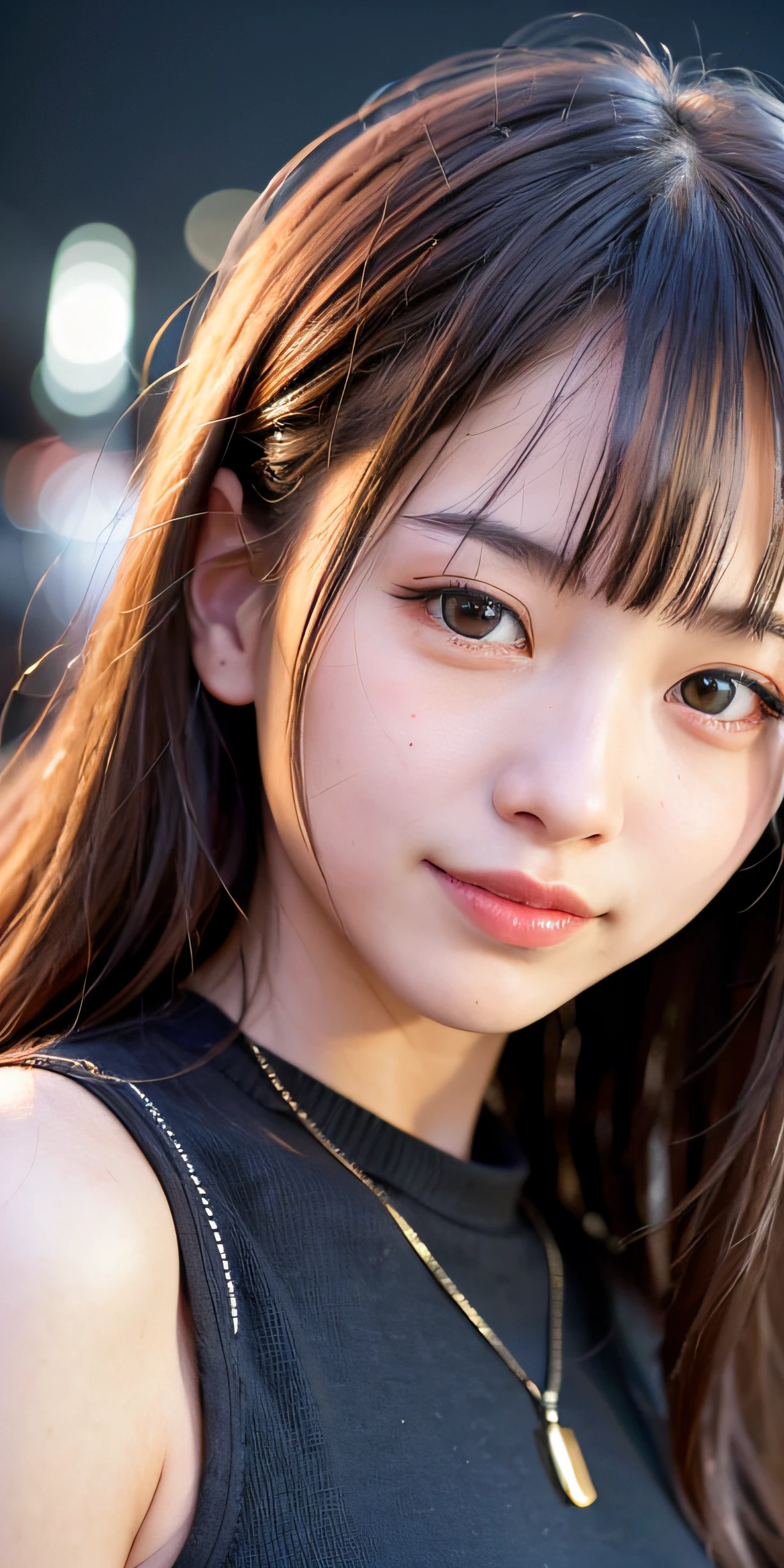 1girl, Tokyo street,night, cityscape,city lights,upper body,close-up,smile,, (8k, RAW photo, best quality, masterpiece:1.2),(realistic, photo-realistic:1.37),