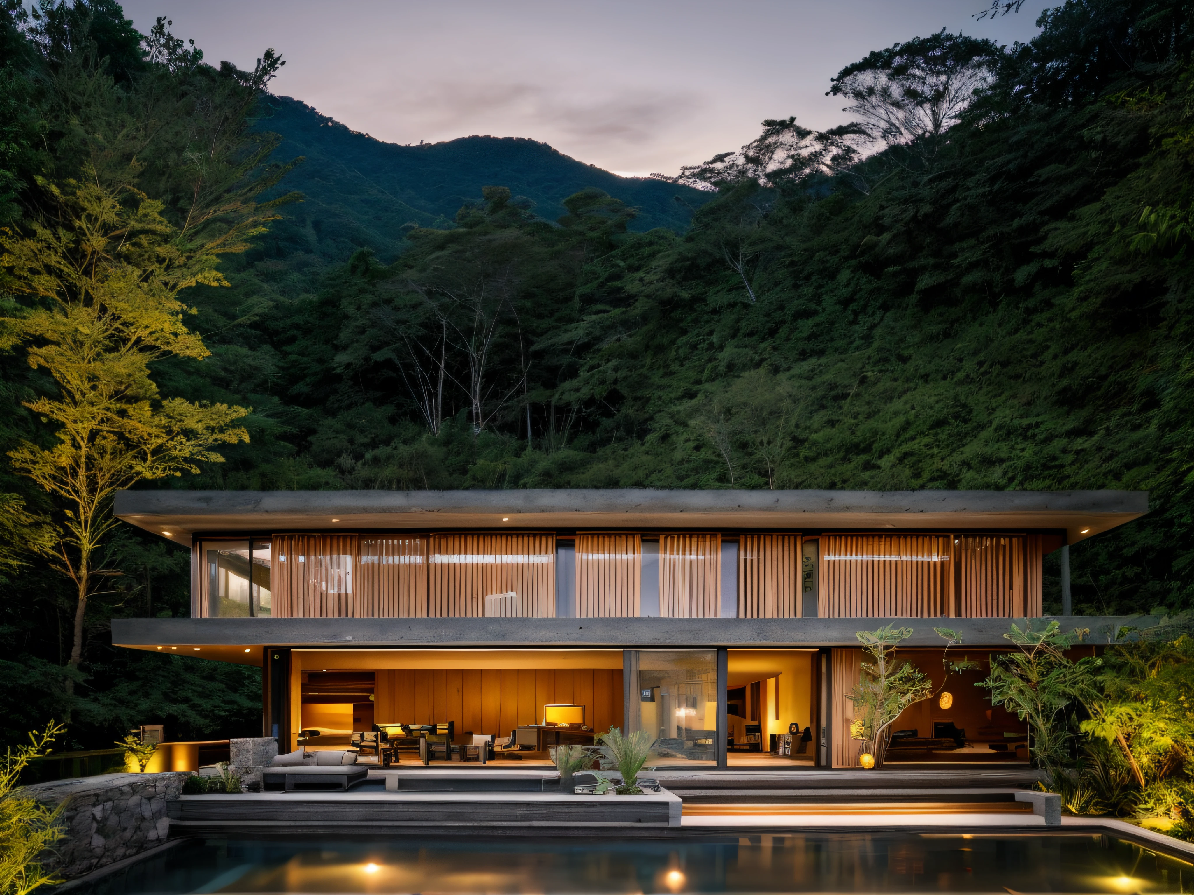 RAW photo, nature, epic futuristic, sunset, fade, warm, raw, hdr, traveler clothes, standing in the forest, natural skin, 8k uhd, high quality, film grain, Fujifilm XT3, cinematic, slate grey, dramatic light, architecture, villa, yellow lights, large sliding glass door, concrete, tropical, palm, bali, resort, concrete awning with downlights, vertical wooden bar, natural stone wall panel on the right, reflective glass, Inside there is a spiral staircase,