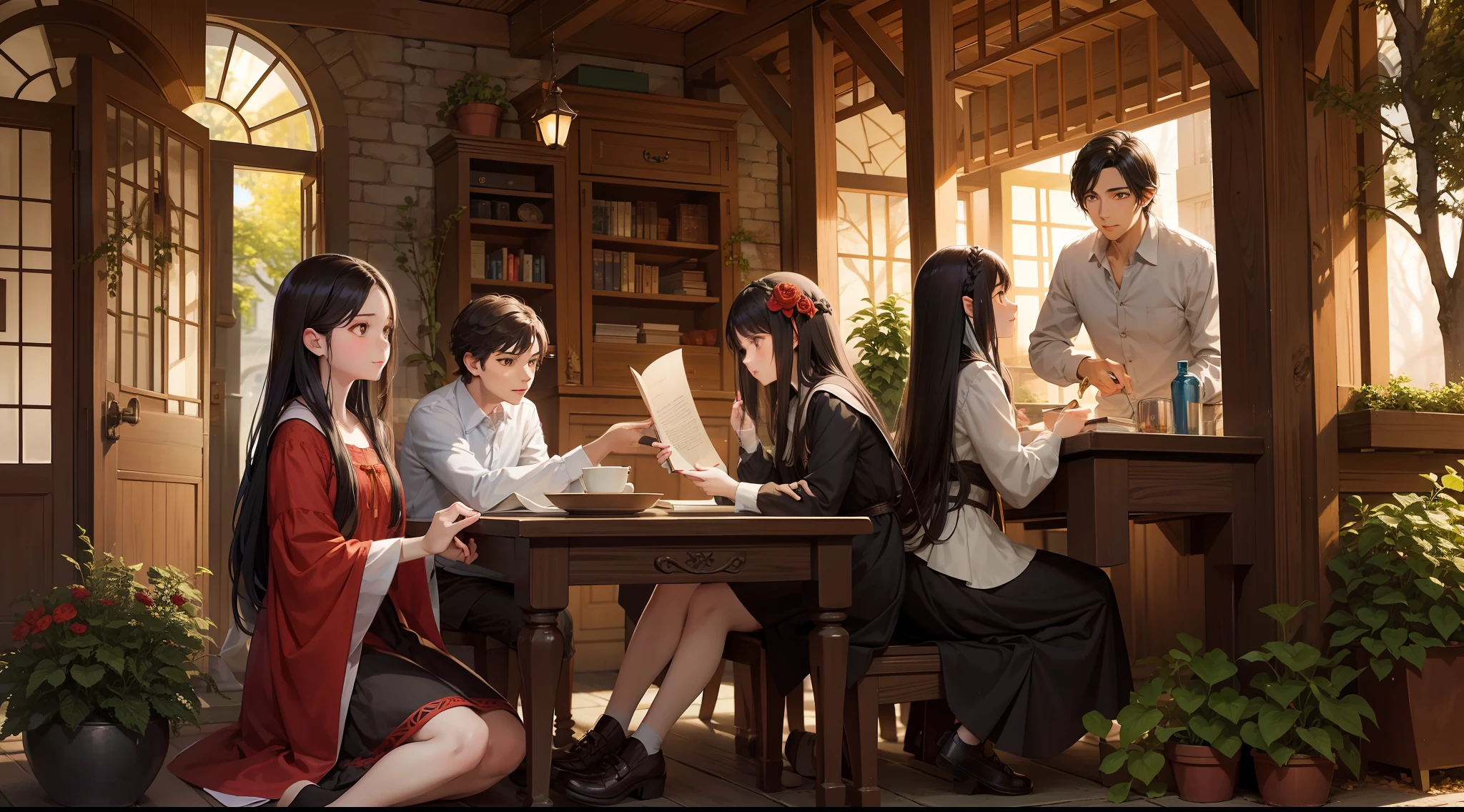 Grimm's fairy tales,Fairy tale picture book,Meet the freshmen of the university,Neatly arranged tables,Early in the morning,Bright sight,A senior sister with long black hair(Holding a book in his hand),A girl with short hair(Sepia hair)