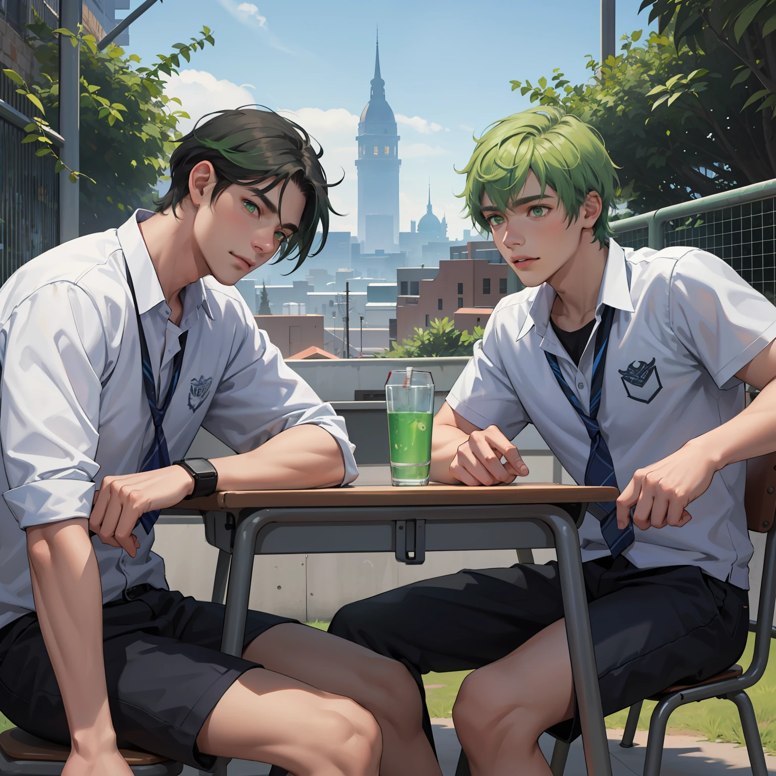 Two 15-year-old teenage friends with Latin skin and bright green hair light green eyes at school are talking about an important topic are friends almost like brothers.de fondo se ve una hermosa ciudad moderna y plateada......