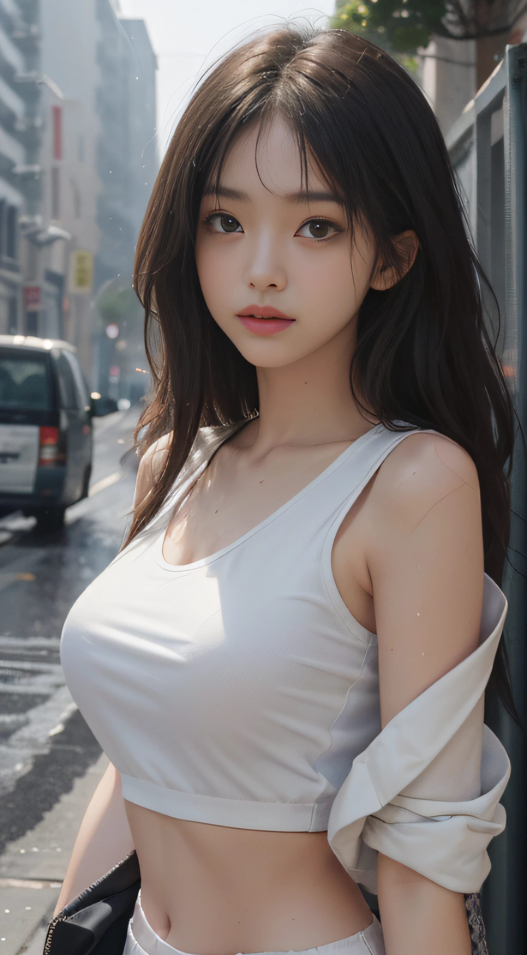 ((Best quality, 8k, Masterpiece :1.3)), Sharp focus :1.2, perfect figure beautiful woman:1.4, Slim abs:1.2, ((Layered Hair Style,)), (Tank top shirt:1.1 ), (the street:1.2), Highly detailed facial and skin texture, A detailed eye, 二重まぶた,（torn laundry：1.5）， Best Picture Quality， tmasterpiece， 超高分辨率， （fidelity：1.4）， photore， 1 rapariga，[（grieves）]，white  shirt， dimly lit， darkly， be desperate， pitying， cute little， cinematic ligh， tears， tear drop， （torn laundry：1.5）， （wetclothes：1.4）， exposed bare shoulders， Real rain， Wet hair,