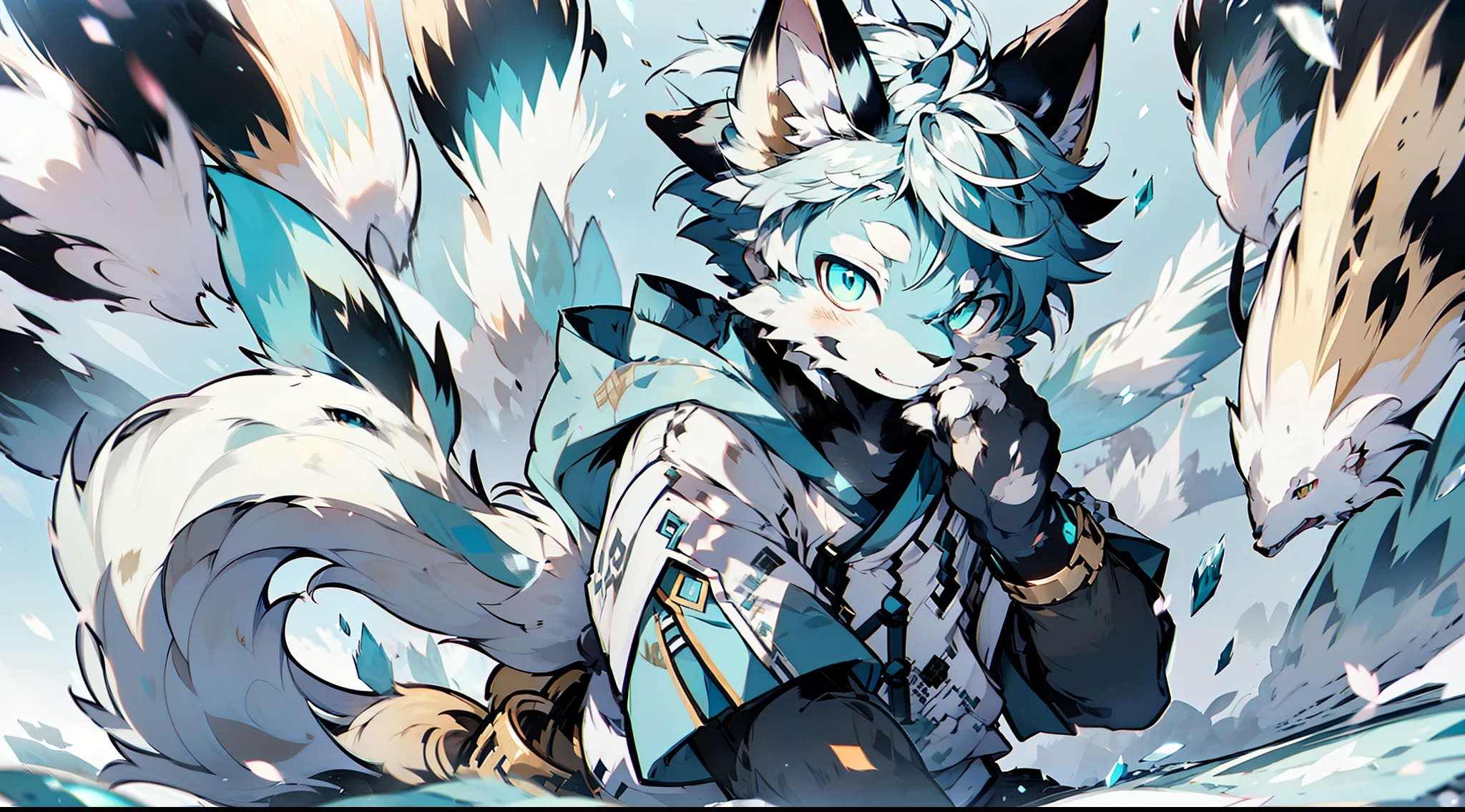 Masterpiece, best quality, highly detailed, Samoyedskaya, human, furry, canine, (furry), (clear cyan eyes), white hair, white dog tail, dog paws, (((black sleeves))), white short sleeves with hood, white cropped pants, swirling wind, control ice, outdoors, (((ice)), floating particles, ethereal power, whirlwind video game Genshin Impact, Genshin Impact style,