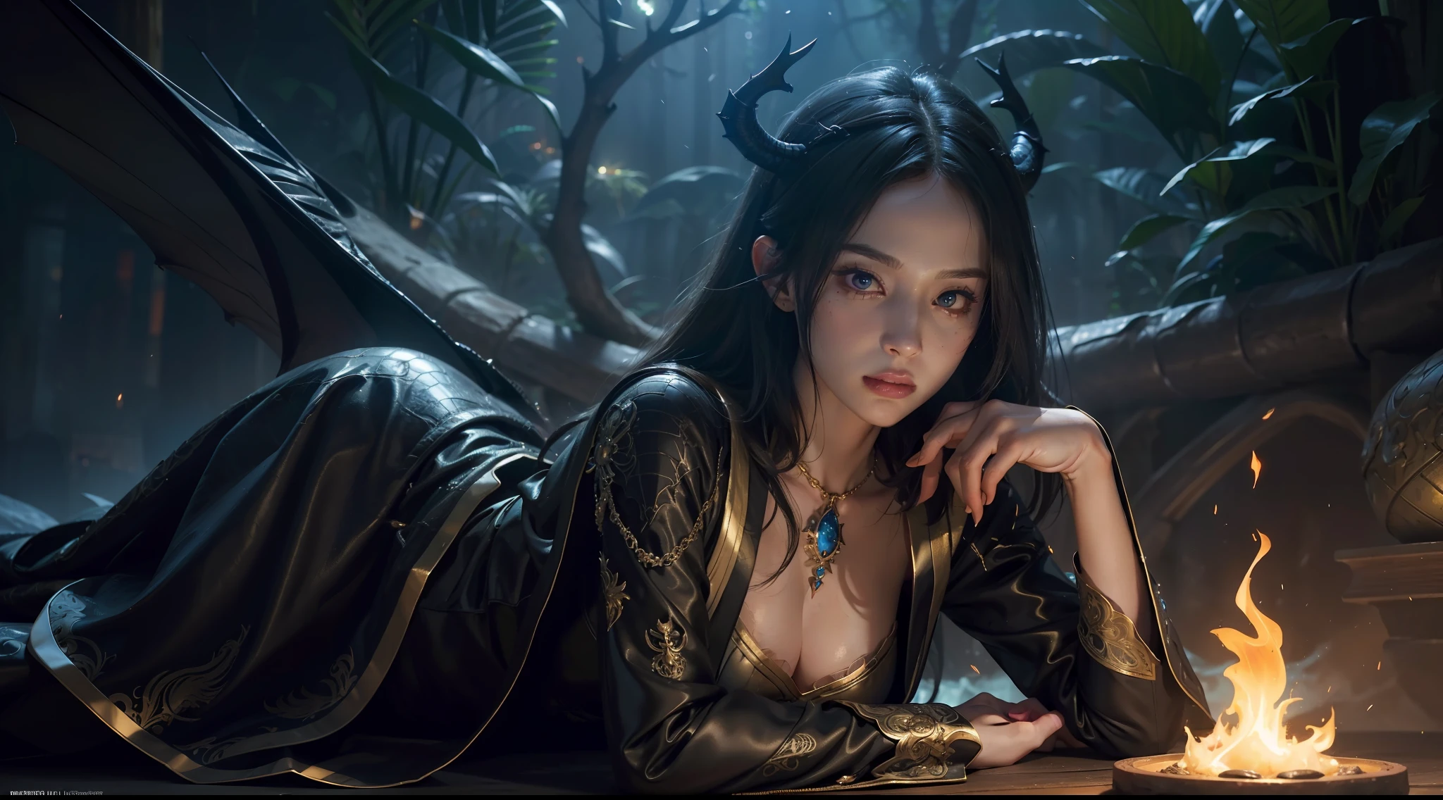 magia，jungles，mature，Dragon's horn，Bat wing robe，Intricate and ornate decoration，complex patterns，starrysky，(skin indentation:1.5), realisticlying, realisticlying, (Masterpiece:1.5), concept-art, intricately details, highly  detailed, realisticlying, rendering by octane, 8K, unreal-engine, dynamicposes, Best quality at best, A high resolution, (photorealiscic face:1.1), (Hyper-realistic:1.1), ((full_Body)), perfect  eyes,(shiny skins:1.2), eletric, rotating flame, Radiant force, spark of light, smog, magia, ((Dramatic)), Epic, battlefiled, depth of fields, Background bokeh, 4K, ashes,