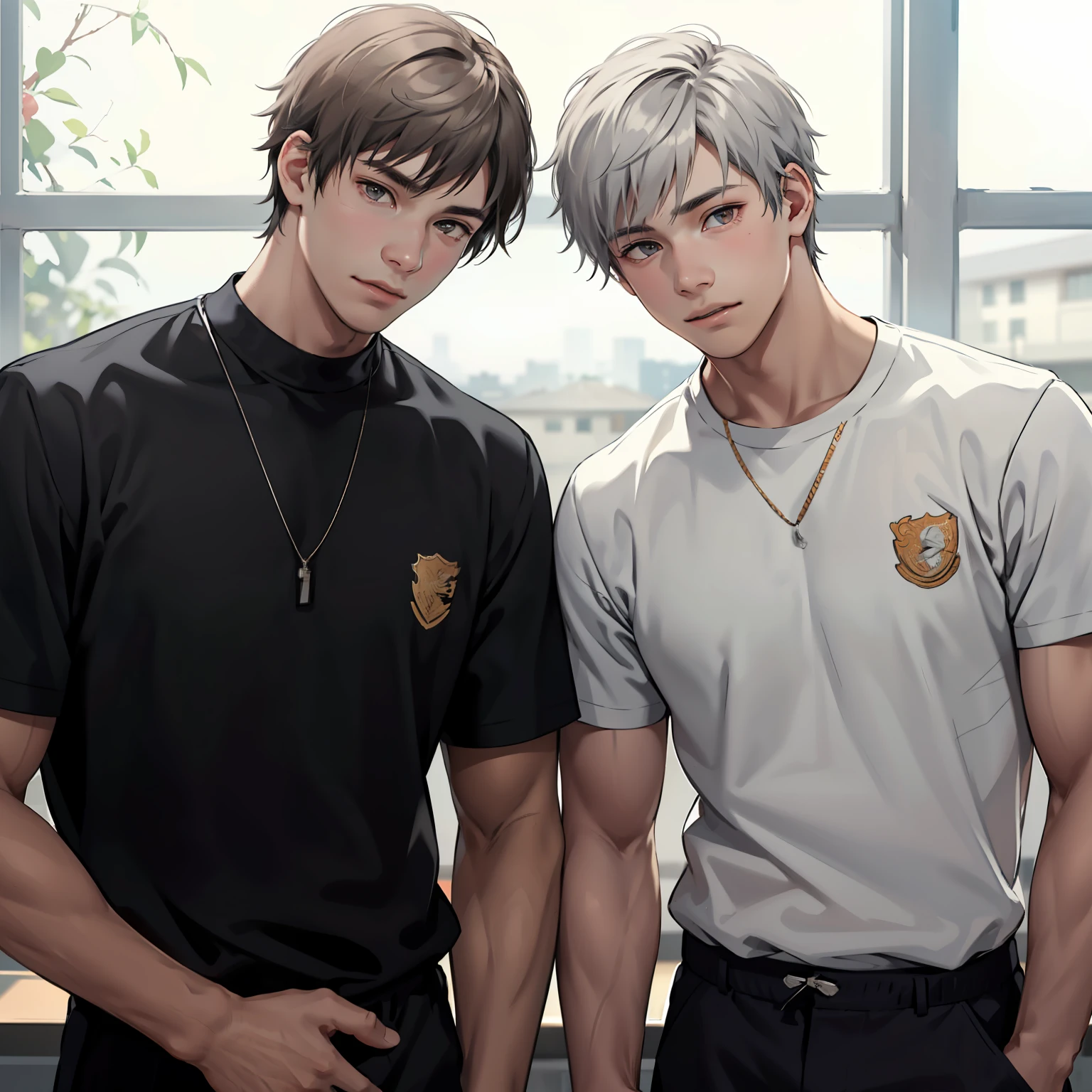 Two -yeld tege friends with Latin skin and light gray hair at school are talking about an important topic are friends almost like brothers........