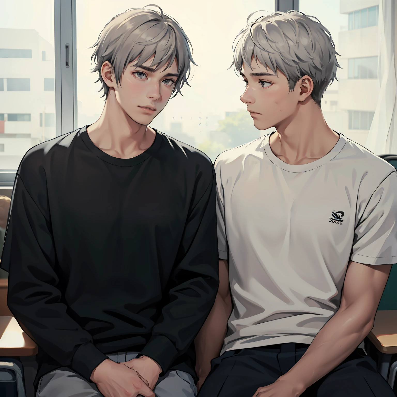 Two 15-year-old age friends with Latin skin and light gray hair at school are talking about an important topic are friends almost like brothers........