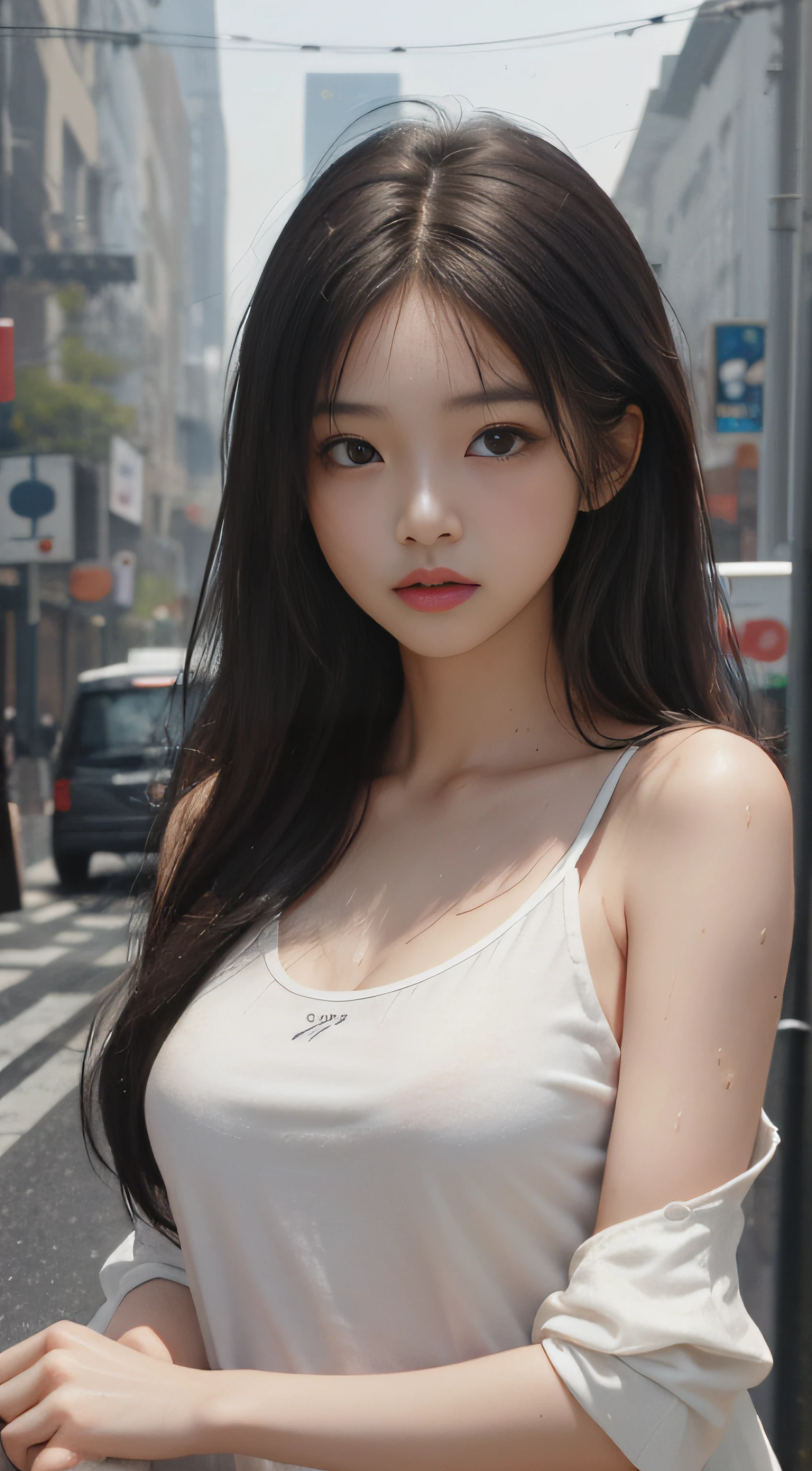 ((Best quality, 8k, Masterpiece :1.3)), Sharp focus :1.2, perfect figure beautiful woman:1.4, Slim abs:1.2, ((Layered Hair Style,)), (Tank top shirt:1.1 ), (the street:1.2), Highly detailed facial and skin texture, A detailed eye, 二重まぶた,（torn laundry：1.5）， Best Picture Quality， tmasterpiece， 超高分辨率， （fidelity：1.4）， photore， 1 rapariga，[（grieves）]，white  shirt， dimly lit， darkly， be desperate， pitying， cute little， cinematic ligh， tears， tear drop， （torn laundry：1.5）， （wetclothes：1.4）， exposed bare shoulders， Real rain， Wet hair,