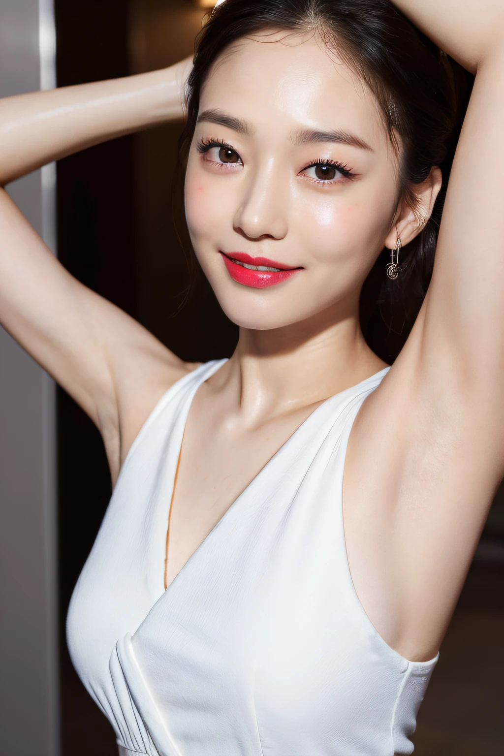 ((top-quality、8k、masterpiece:1.3))、1girl in、Beautiful woman showing slender armpits:1.3、pony tail hairstyle、Bath towel wrapped around body、bathroom、Super detailed face、detailedeyes、二重まぶた、hairarmpits、pulling the hands up、Armpit、Wet body、Real and Detailed Skin、Realistic and detailed armpits、Armpits glowing with lights、red lipsticks、smil、realisitic