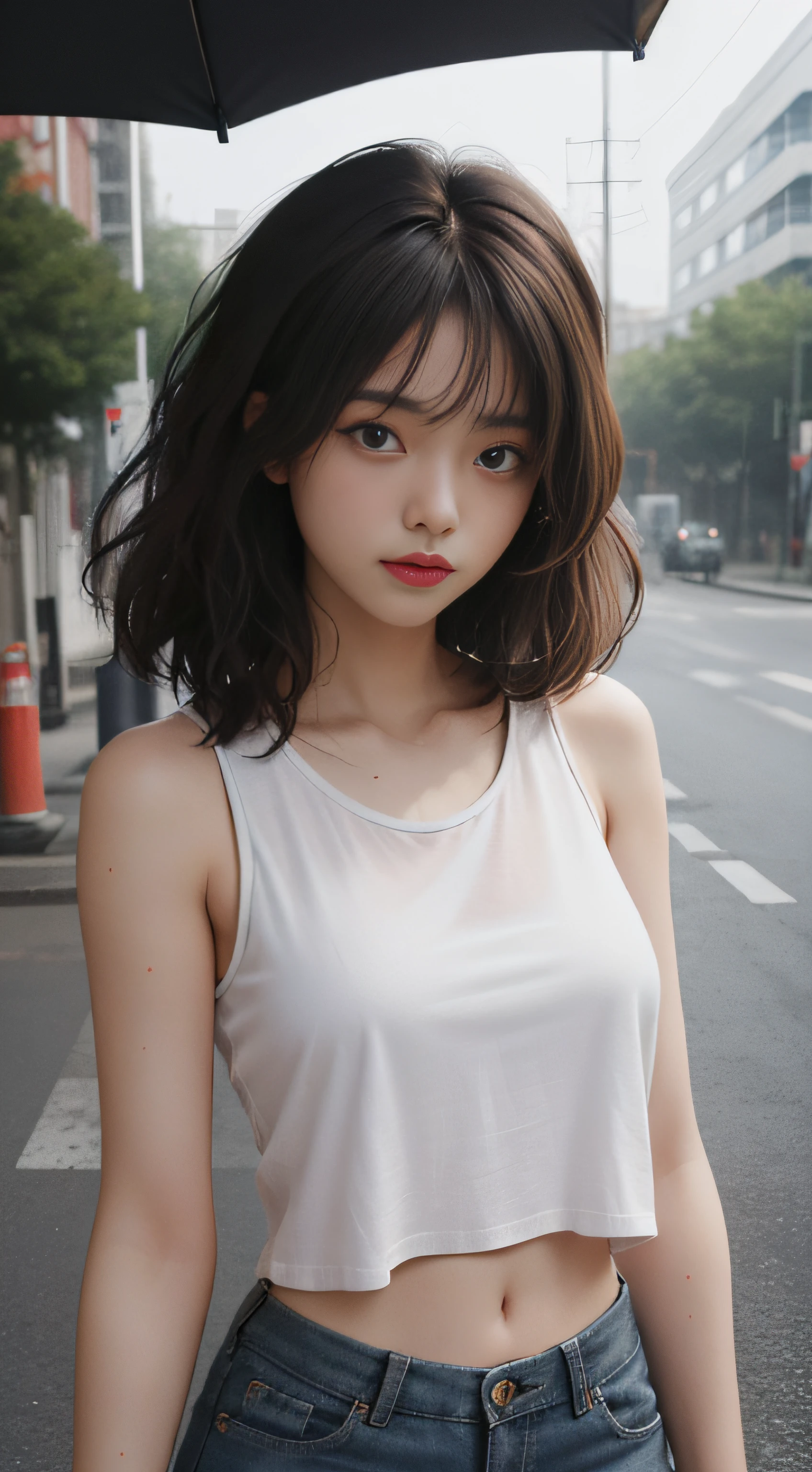 ((Best quality, 8k, Masterpiece :1.3)), Sharp focus :1.2, perfect figure beautiful woman:1.4, Slim abs:1.2, ((Layered Hair Style,)), (Tank top shirt:1.1 ), (the street:1.2), Highly detailed facial and skin texture, A detailed eye, 二重まぶた,（torn laundry：1.5）， Best Picture Quality， tmasterpiece， 超高分辨率， （fidelity：1.4）， photore， 1 rapariga，[（grieves）]，white  shirt， dimly lit， darkly， be desperate， pitying， cute little， cinematic ligh， tears， tear drop， （torn laundry：1.5）， （wetclothes：1.4）， exposed bare shoulders， Real rain， Wet hair,