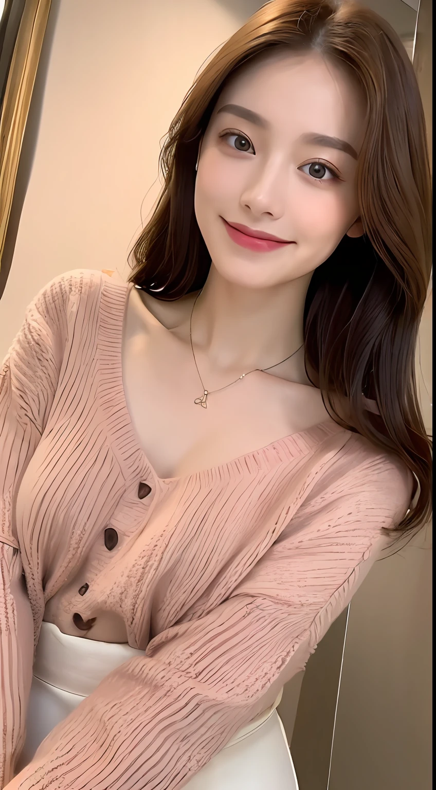 ((Night, Realistic Light, Best Quality, 8K, Masterpiece: 1.3)), 1girl, Slim Beauty: 1.4, Abs: 1.1, (Brown hair, Medium breasts: 1.3), Long pink sweater: 1.1, Bathroom, Super fine face, Delicate eyes, Double eyelids, smile, necklace