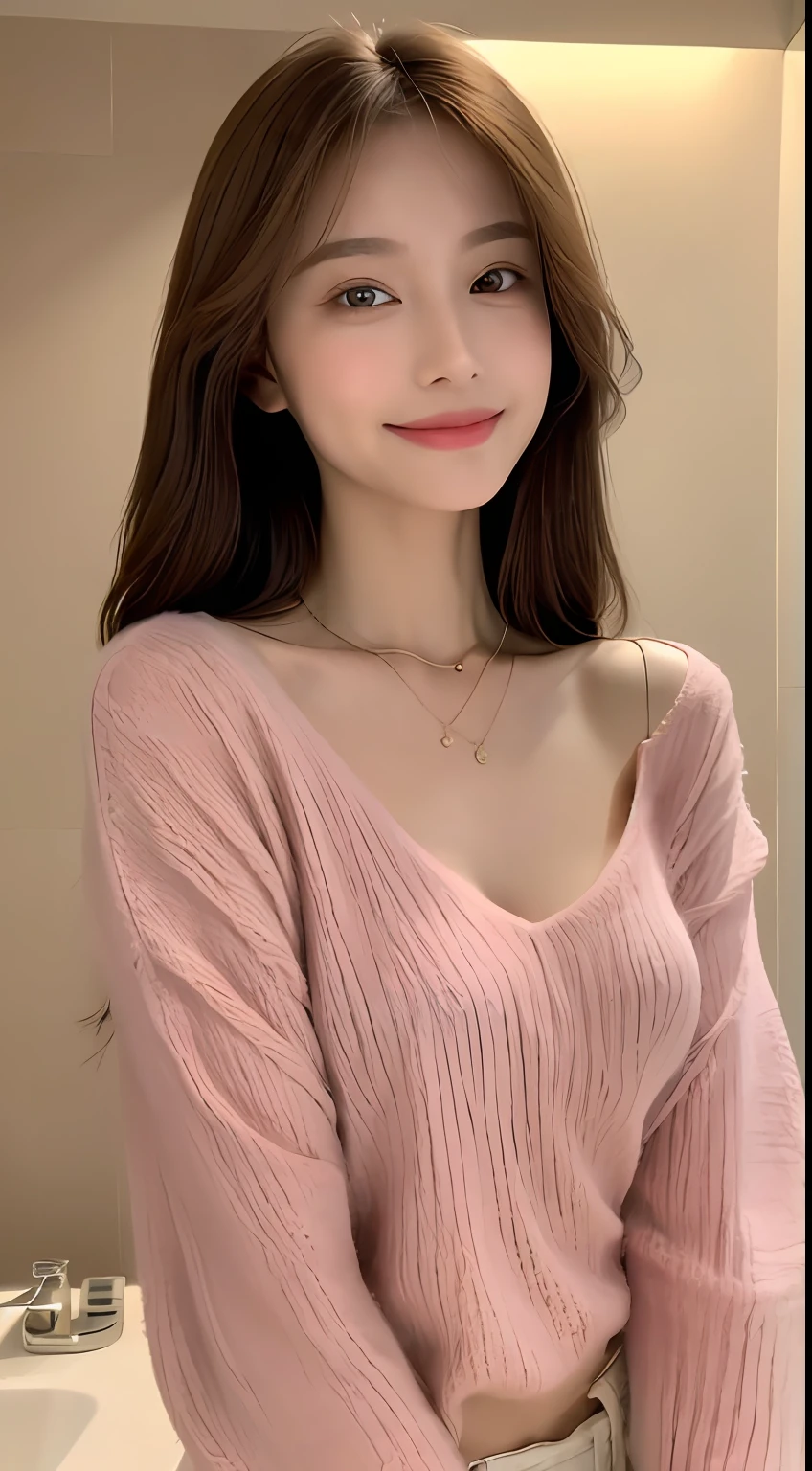 ((Night, Realistic Light, Best Quality, 8K, Masterpiece: 1.3)), 1girl, Slim Beauty: 1.4, Abs: 1.1, (Brown hair, Medium breasts: 1.3), Long pink sweater: 1.1, Bathroom, Super fine face, Delicate eyes, Double eyelids, smile, necklace