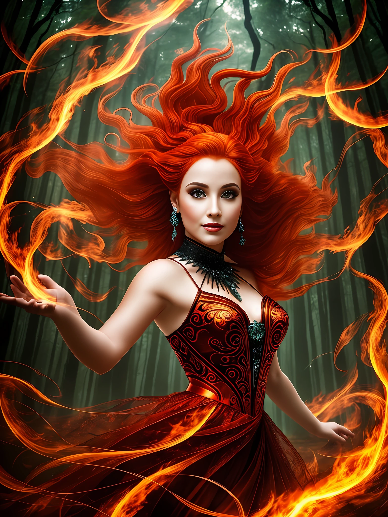 In the midst of a mystical forest shrouded in illusion, A captivating witch with red hair dances gracefully, manipulando chamas que parecem se materializar do nada. Her fire dress spins and flickers with mesmerizing patterns as she weaves an intricate dance of fire and illusion. The forest comes alive with the magical glow of the flames, creating a charming and fascinating spectacle. --auto --s2