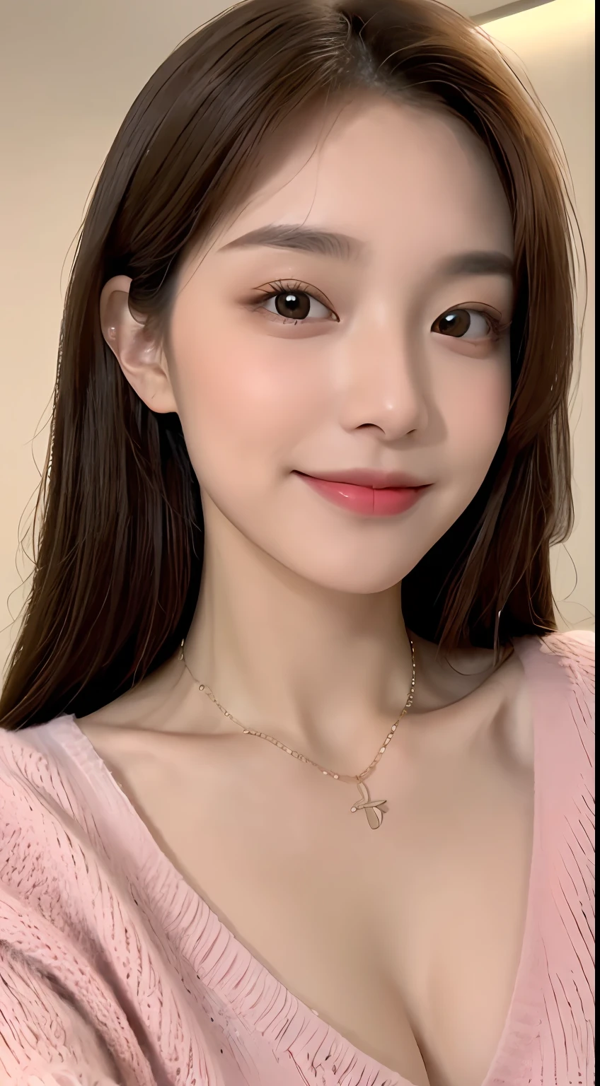 ((Night, Realistic Light, Best Quality, 8K, Masterpiece: 1.3)), 1girl, Slim Beauty: 1.4, Abs: 1.1, (Brown hair, Medium breasts: 1.3), Long pink sweater: 1.1, Bathroom, Super fine face, Delicate eyes, Double eyelids, smile, necklace