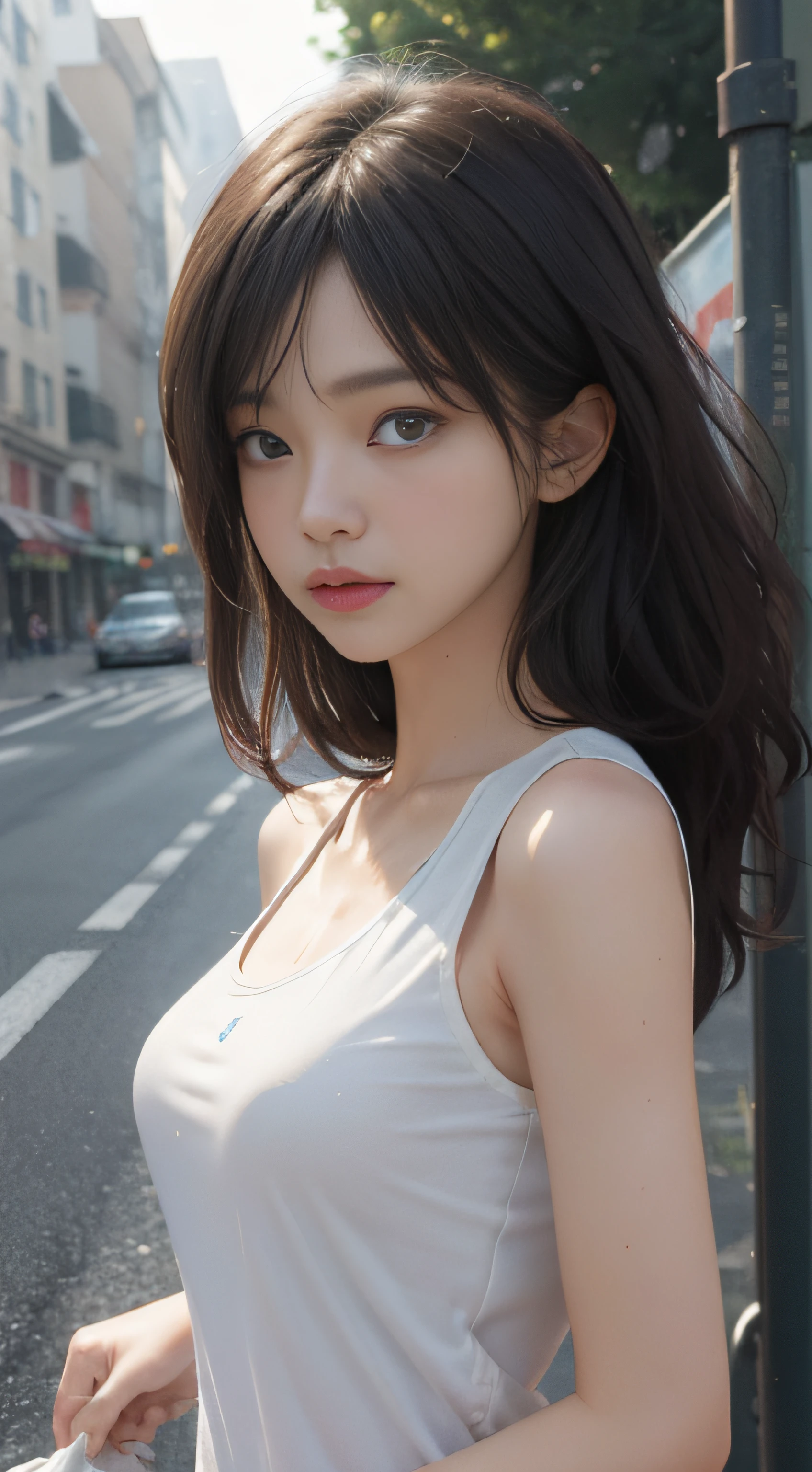 ((Best quality, 8k, Masterpiece :1.3)), Sharp focus :1.2, perfect figure beautiful woman:1.4, Slim abs:1.2, ((Layered Hair Style,)), (Tank top shirt:1.1 ), (the street:1.2), Highly detailed facial and skin texture, A detailed eye, 二重まぶた,（torn laundry：1.5）， Best Picture Quality， tmasterpiece， 超高分辨率， （fidelity：1.4）， photore， 1 rapariga，[（grieves）]，white  shirt， dimly lit， darkly， be desperate， pitying， cute little， cinematic ligh， tears， tear drop， （torn laundry：1.5）， （wetclothes：1.4）， exposed bare shoulders， Real rain， Wet hair,