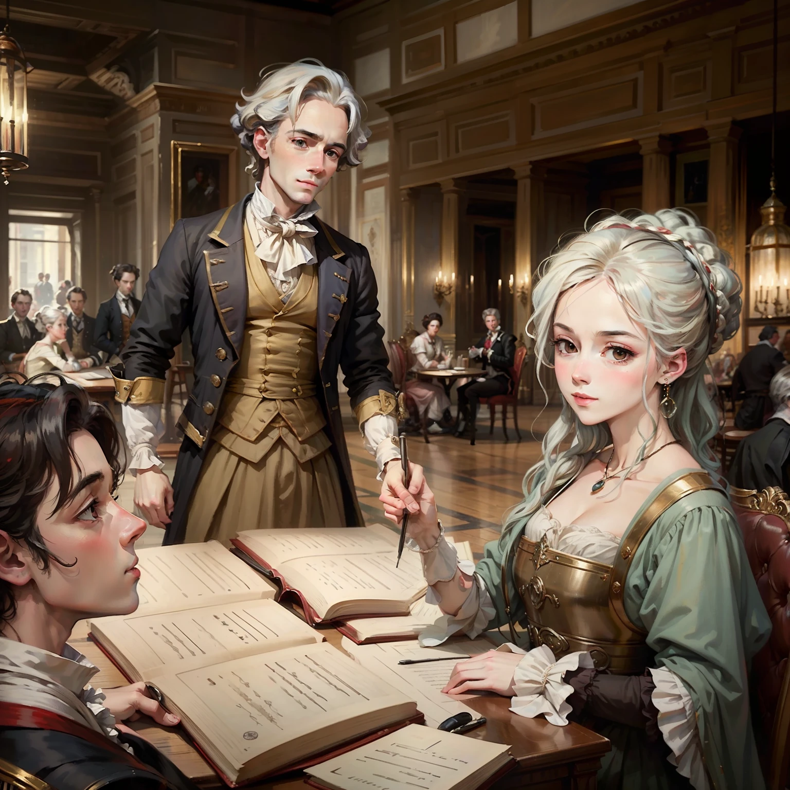 Create an artistic representation of an eighteenth-century society, with men and women debating and discussing the ideas of the Enlightenment in cafes and literary salons.