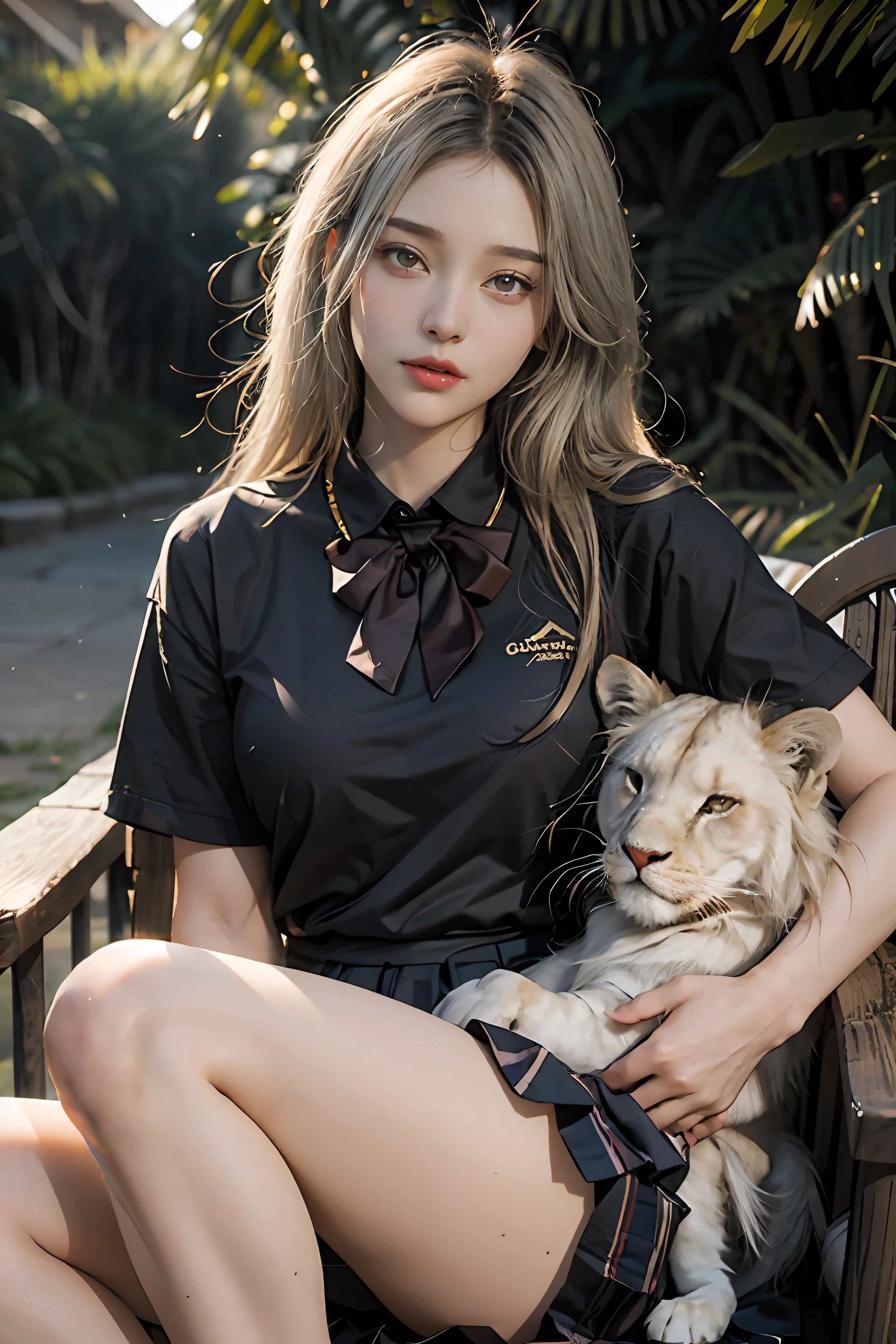 A beautiful female high school student,16 yaers old,Wear a high school uniform,(Alone in the vast savannah outdoors of Africa:2),Sit on the king's golden throne,(Long flowing silver-white hair flowing),The whole body glows,(Holding Erlang's legs),gazing at the camera,(Take the golden scepter:2),(A white male lion sits next to it:2) '(Front focus),(in the darkness nigth:1.6),Fantasyart,photographrealistic,动态照明,art stations,poster for,Volumetriclighting,Very detailed faces,4 k'',Award-Awarded