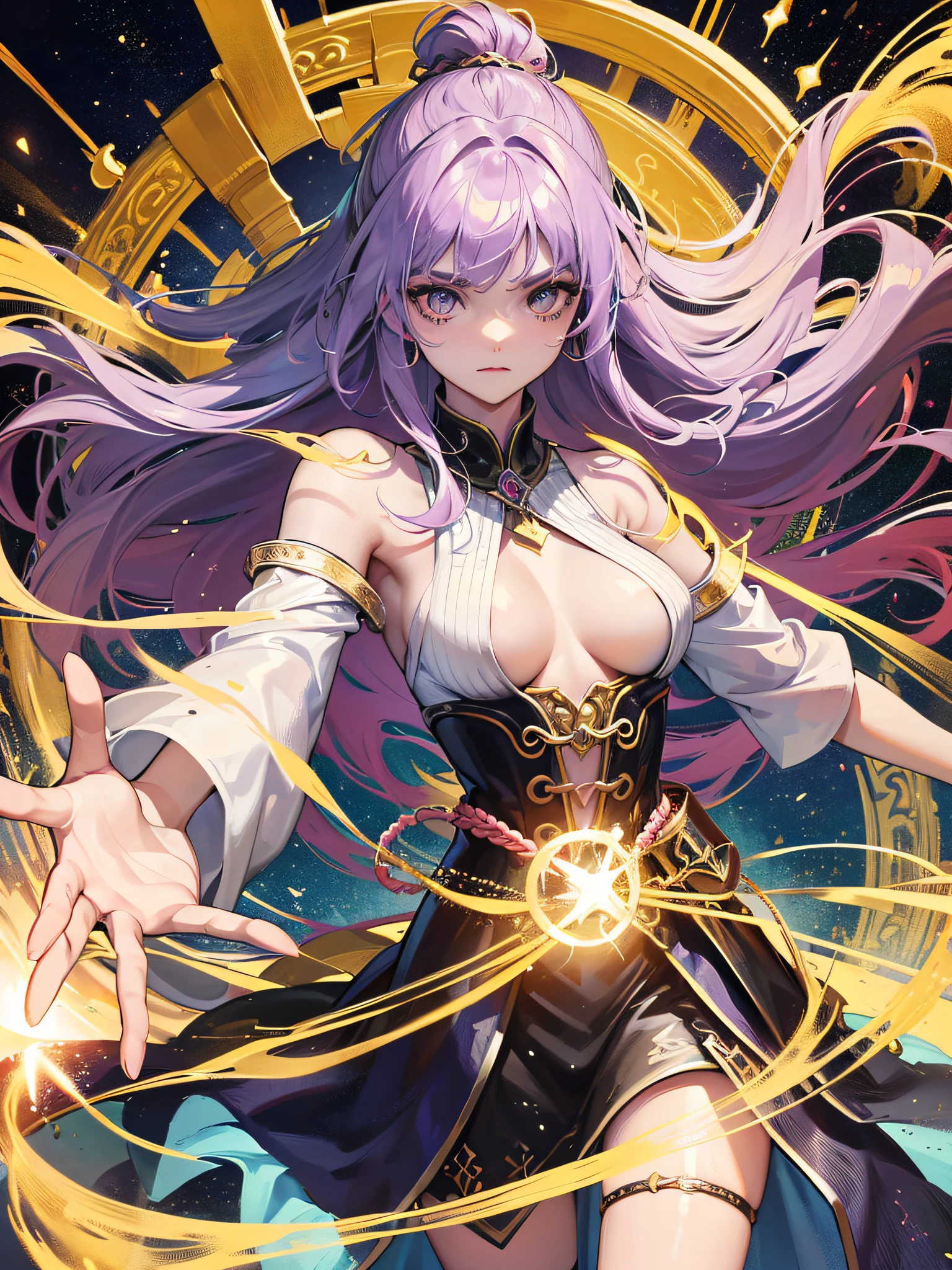 In an ancient chamber filled with arcane symbols and mystical artifacts, Uma poderosa feiticeira adornada em trajes de fogo ergue-se alta, seu cabelo ruivo refletindo as chamas que a cercam. With a wave of the hand, She summons and controls the dancing fire with precision and subtlety, exuding an aura of brute force and magic. A sala pulsa com uma energia sobrenatural enquanto as chamas respondem a todos os seus comandos. --auto