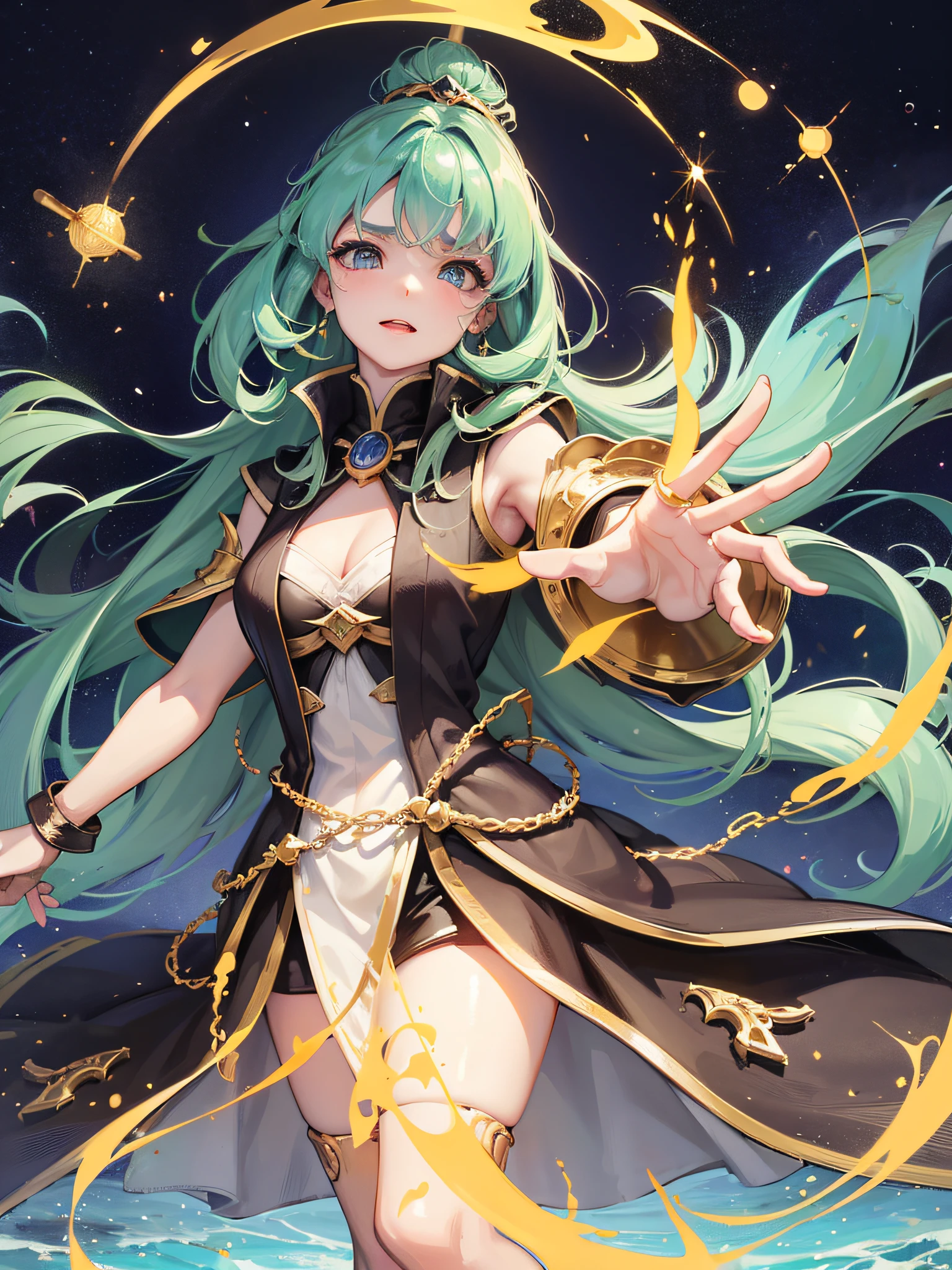 In an ancient chamber filled with arcane symbols and mystical artifacts, Uma poderosa feiticeira adornada em trajes de fogo ergue-se alta, seu cabelo ruivo refletindo as chamas que a cercam. With a wave of the hand, She summons and controls the dancing fire with precision and subtlety, exuding an aura of brute force and magic. A sala pulsa com uma energia sobrenatural enquanto as chamas respondem a todos os seus comandos. --auto