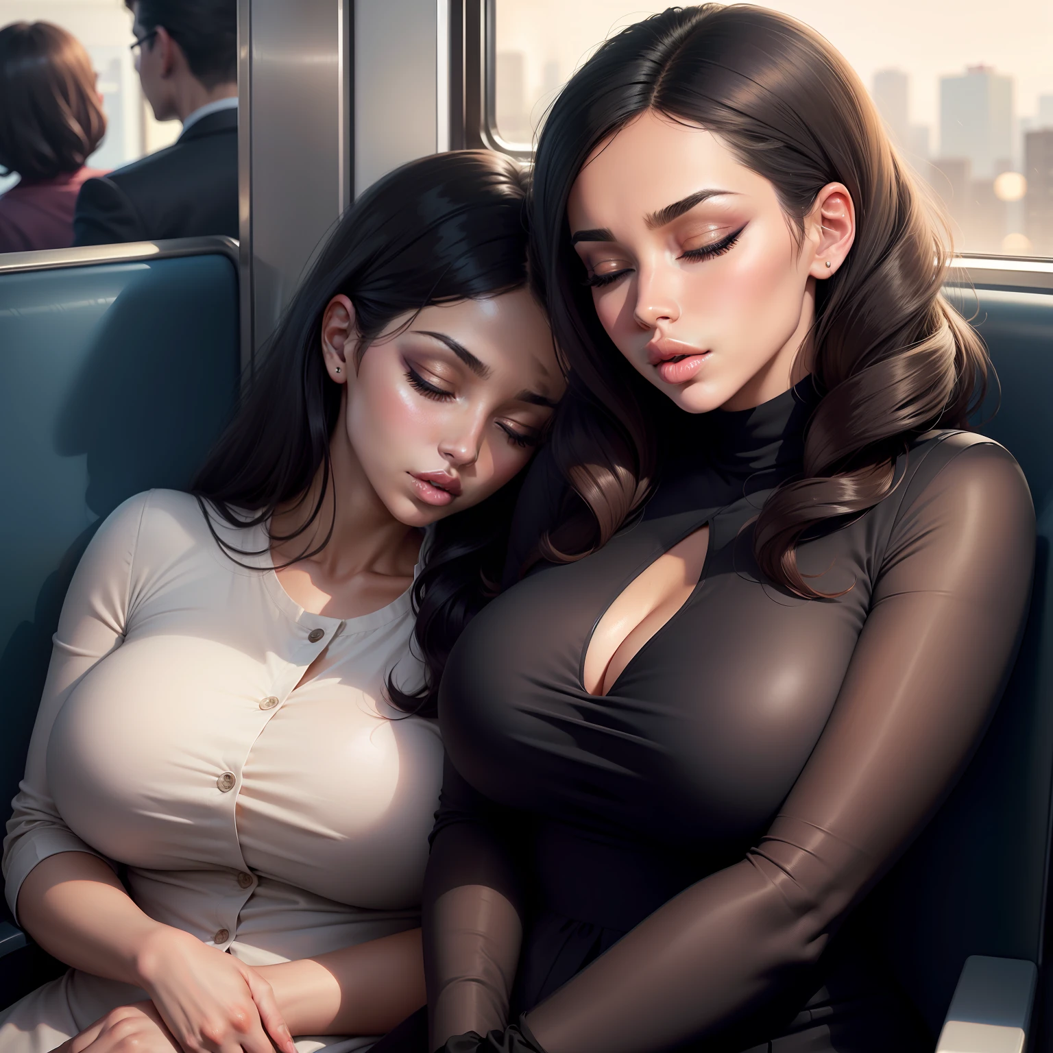 1 Beautiful woman, similar to Kim Kardashian, large eyelashes, full glossy lips, drooling, sleeping with her mouth open, snoring, sleeping sitting on the train, head leaning up on the seat with her mouth open, dressed as a secretary, eyes outlined, eyes closed.