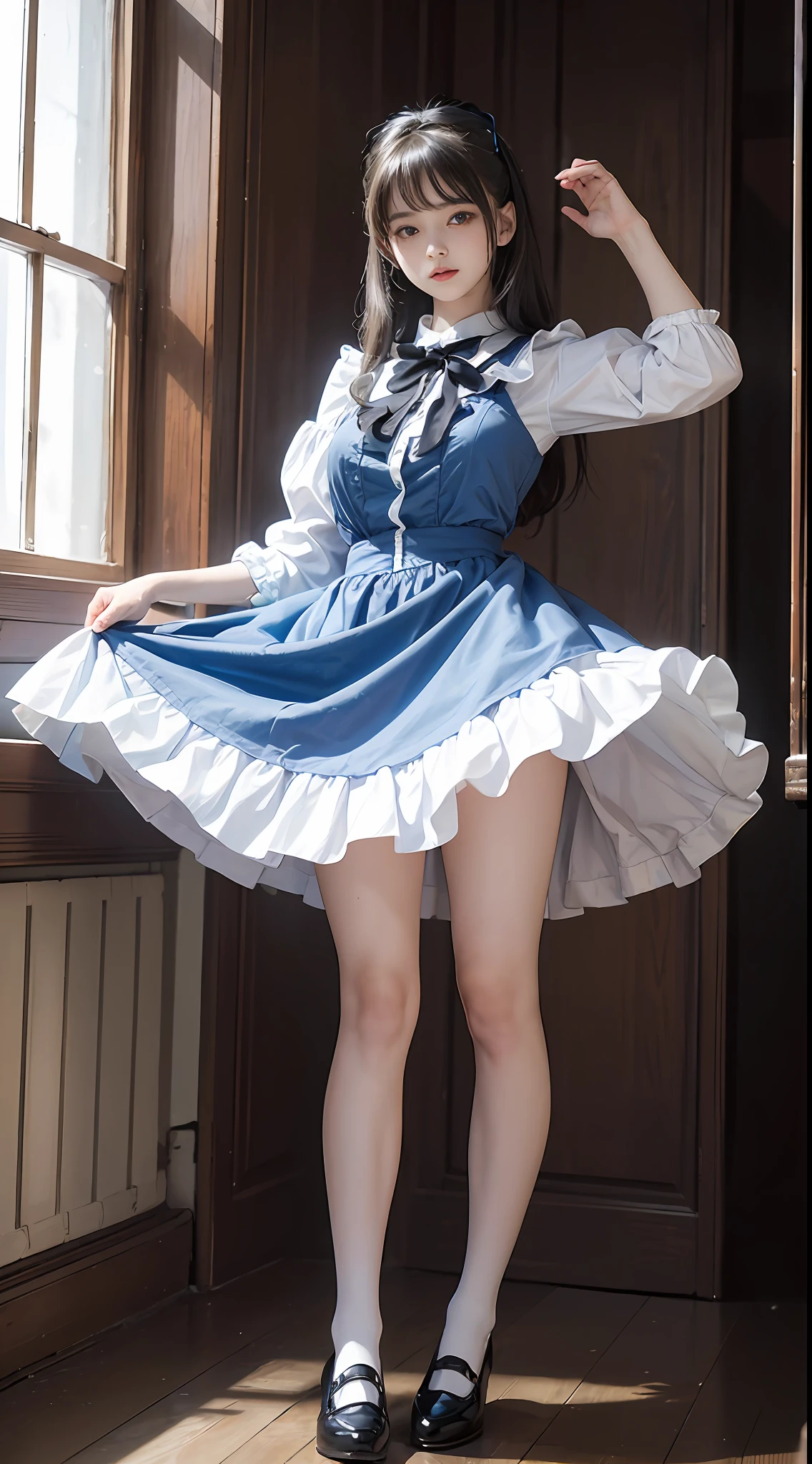 Best Quality, masterpiece, 超A high resolution, (Photorealsitic:1.4), Raw photo, 24 year old Lolita style woman posing with skirt lifted and one leg raised, alice in the wonderland, Alice Blue Dress, White socks and black shoes, white backgrounid