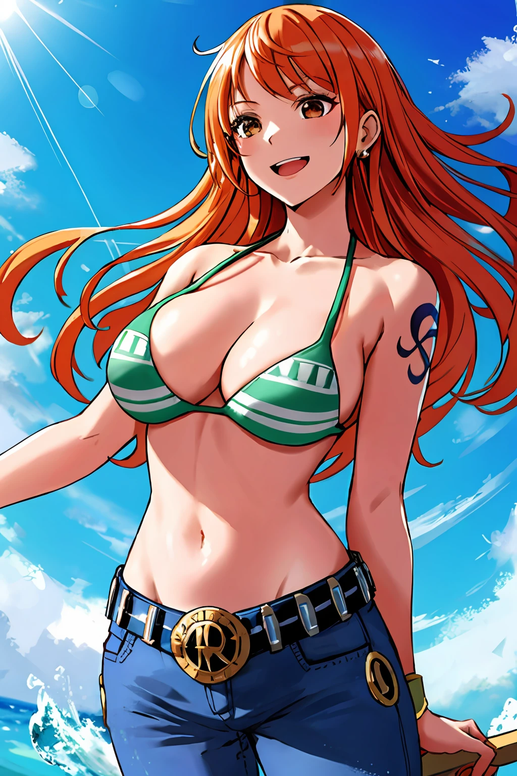 detailed background, masterpiece, 4k, best quality, adult, wrestler, 1girl, active, energic, uppercut, (large mouth) , solo, nami \(one piece\), 1girl, bangle, very wet, soaked in sweat, perfect detailed face, bold drawing lines, muscular arms, detailed bold arm lines, flat jaw, adult woman, wavy wide streaked bangs, floating bang streaks, (big cheeks), bare shoulders, off-shoulders, belt, bikini, bikini top only, blue sky, bracelet, springy breasts, breast lines, big round eyes, plain big brown shiny eyes, bubbles, high eye position, cleavage, cloud, day, denim, earrings, floating hair, shiny hair, green belt, green bikini, bold groin lines, jeans, jewelry, medium breasts, log pose, long hair, looking at viewer, navel, wet hair, orange hair, pants, shoulder tattoo, sidelocks, sky, solo, standing, stomach, swimsuit, tattoo , looking at viewer, open mouth, detailed left arm, big forehead, hourglass figure, small head, very happy, laughing, toned body, wide hair, wind effect, sun effect, under the sun, narrow small ears angle, older, random poses, tired