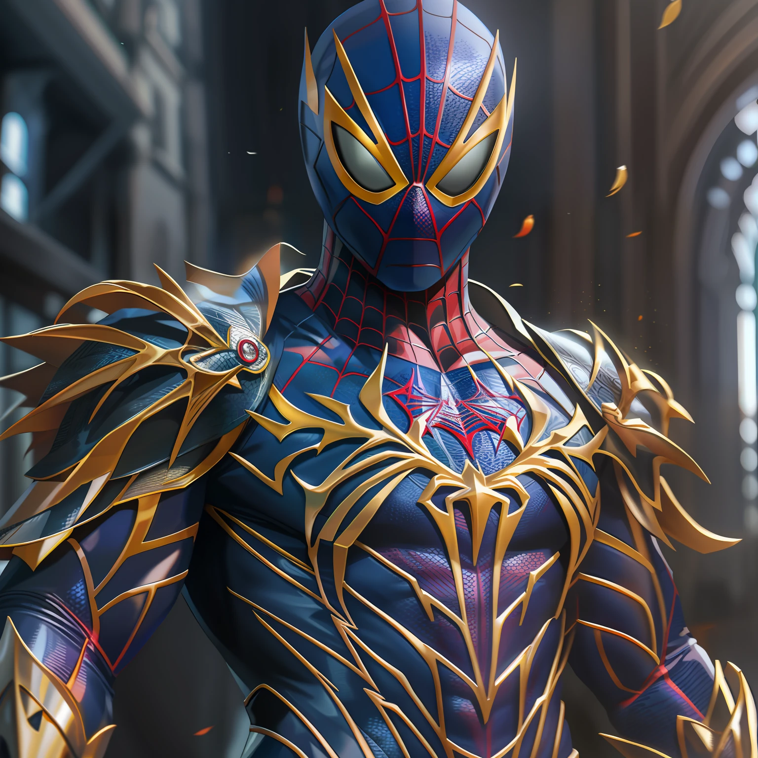 Spiderman in a saint seya armor, armored, shaka virgo, melhor qualidade, qualidade superior, realista, detalhado, 8k, cinematic lighthing