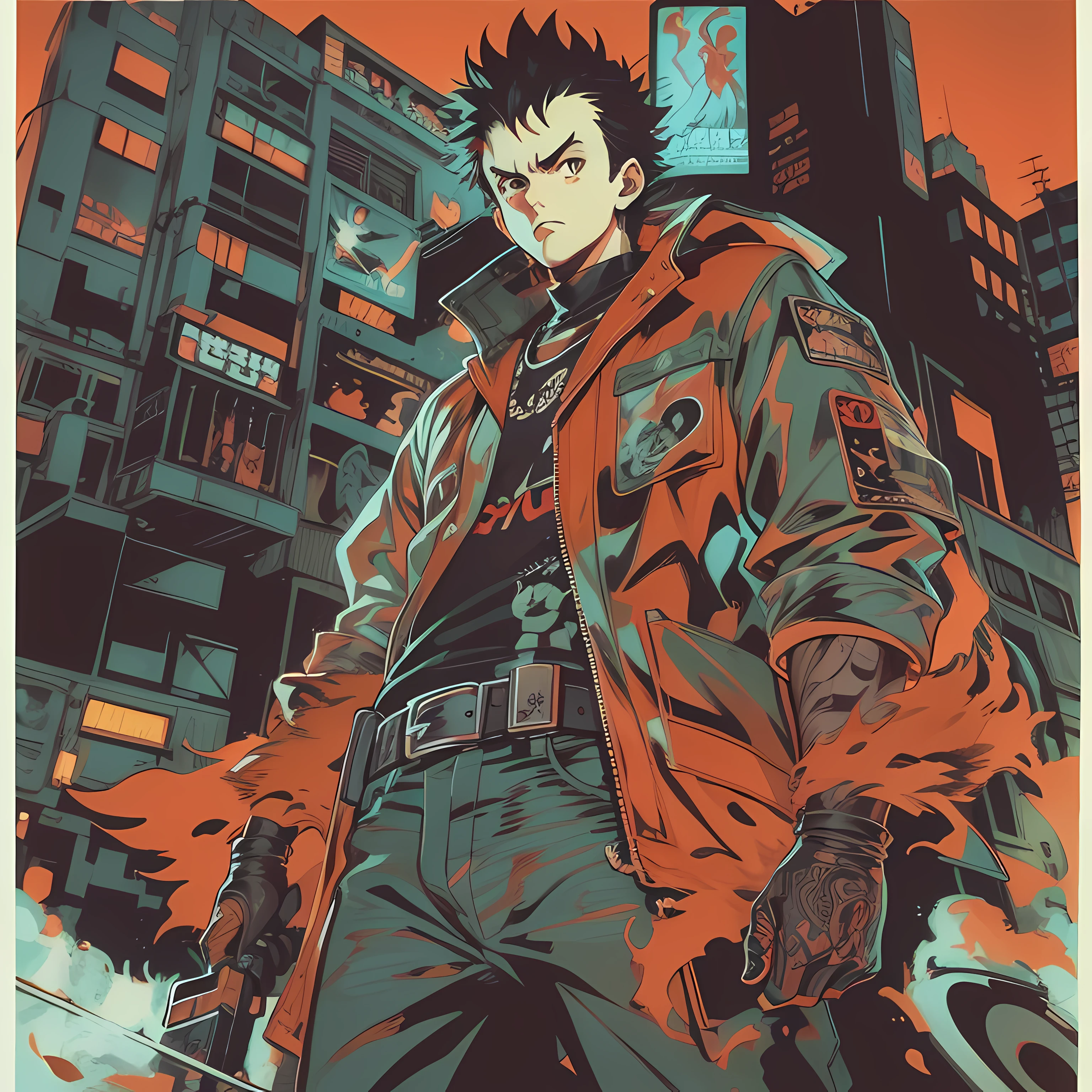 anime - style illustration of a anime guy, akira style illustration, akira art style, 8 0 s anime art style, in the style of akira, digital cyberpunk - anime art, akira artstyle, cyber space cowboy, 8 0 s anime style, akira vibes, in neo tokyo, akira color palette, futuristic tetsuo, Pop Art, masterpiece, accurate, Poster, anatomically correct, hand drawn, simple lines, tshirt design, vector art, illustration, digital art, anime style, magazine style, background in print, (style of darkest dungeon:1.1), hyperrealism, ethereal, cel shading, anime coloring, (anime screencap:1.2), (highly detailed,masterpiece, best quality:1.1),