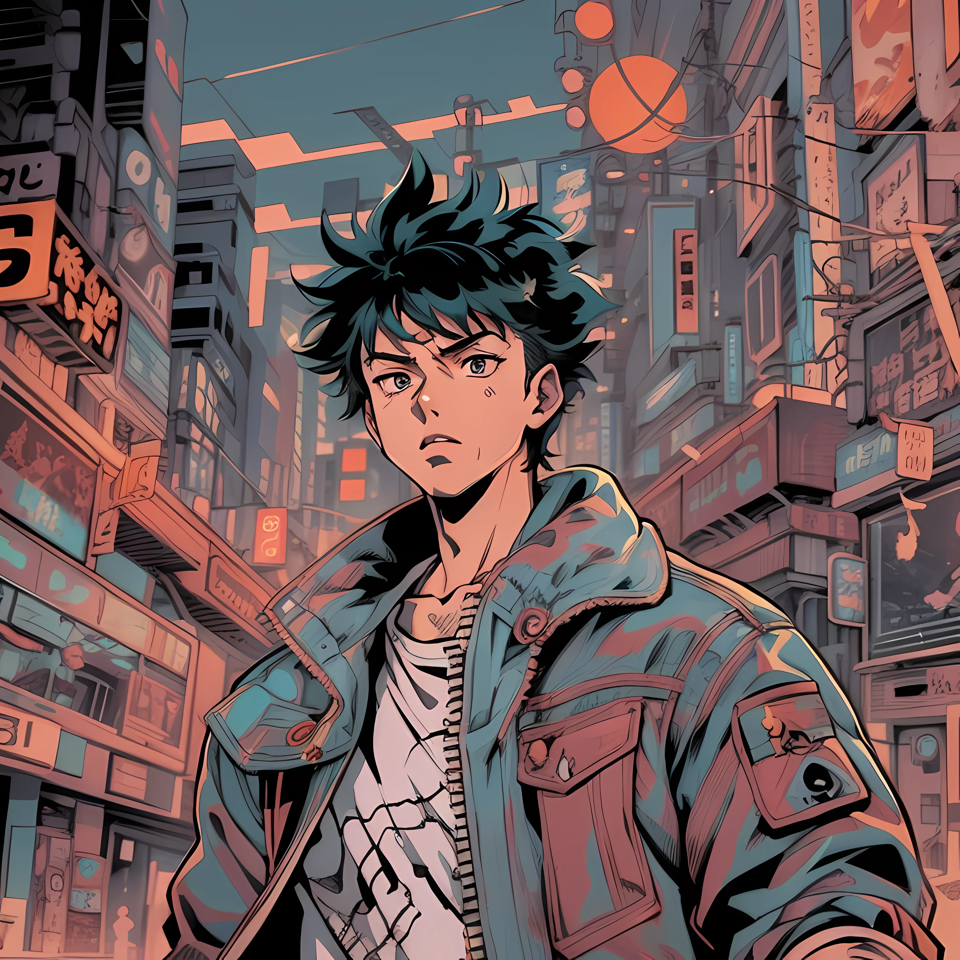 anime - style illustration of a anime guy, akira style illustration, akira art style, 8 0 s anime art style, in the style of akira, digital cyberpunk - anime art, akira artstyle, cyber space cowboy, 8 0 s anime style, akira vibes, in neo tokyo, akira color palette, futuristic tetsuo, Pop Art, masterpiece, accurate, Poster, anatomically correct, hand drawn, simple lines, tshirt design, vector art, illustration, digital art, anime style, magazine style, background in print, (style of darkest dungeon:1.1), hyperrealism, ethereal, cel shading, anime coloring, (anime screencap:1.2), (highly detailed,masterpiece, best quality:1.1),