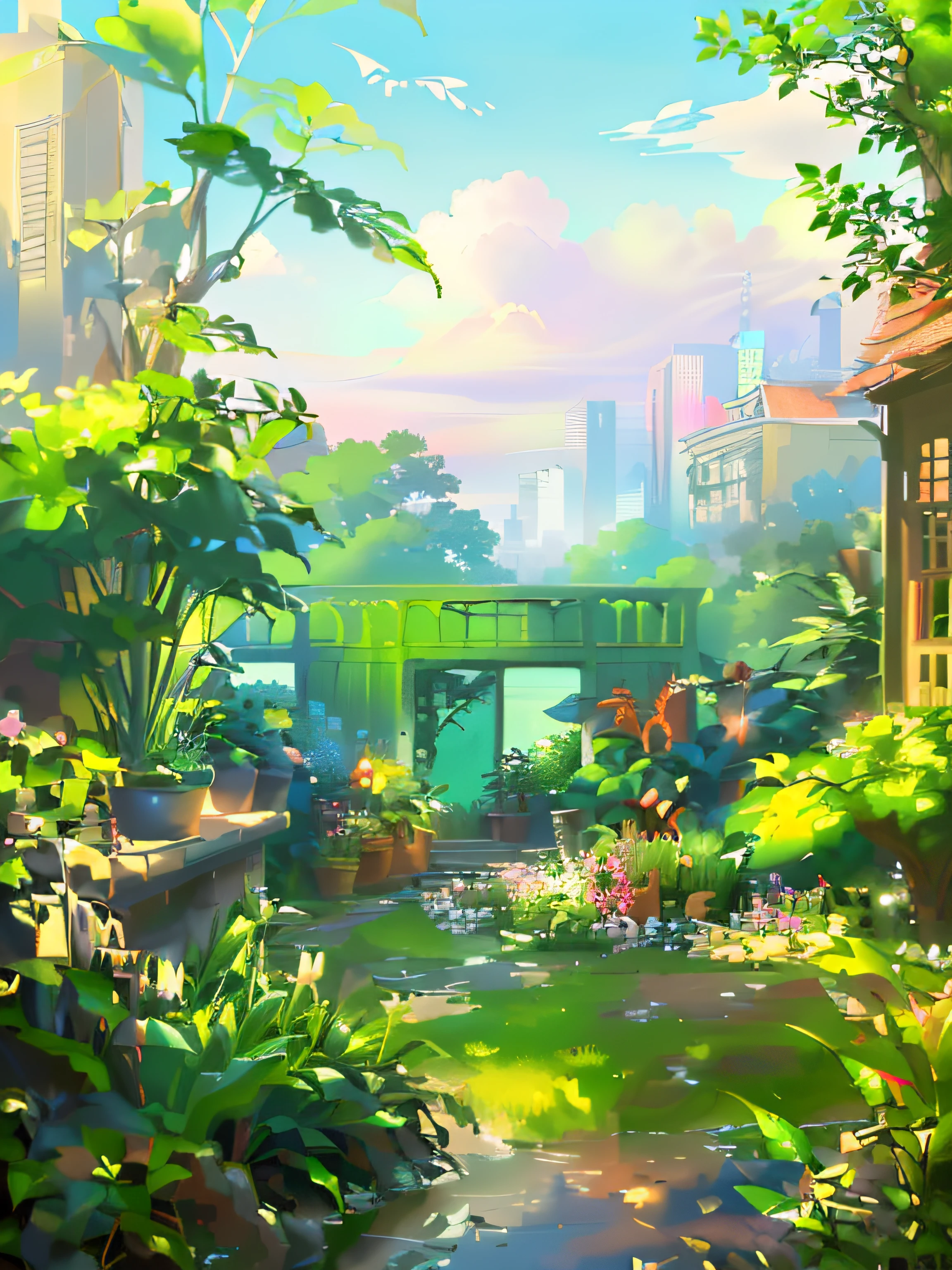 Paint a garden with a pond and a gazebo, floral environment, Anime background art, landscape artwork, Detailed scenery —width 672, cyberpunk garden, with a garden, Realistic garden, Beautiful cityscape, Garden background, arte de fundo, scenery art detailed, author:Arthur Penn, Anime landscapes, in a cyberpunk garden, lush vista, Garden landscape, at summer afternoon