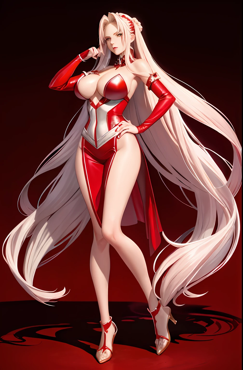 Master anime works,An impeccable masterpiece,8K picture quality: A mature noblewoman in cool sexy clothes standing on solid red background,Female boss,Flowing silver hair,Full-body standing,Slender legs,Straight breasts,Detailed facial details,Naturally beautiful standing,Vivid and authentic body details