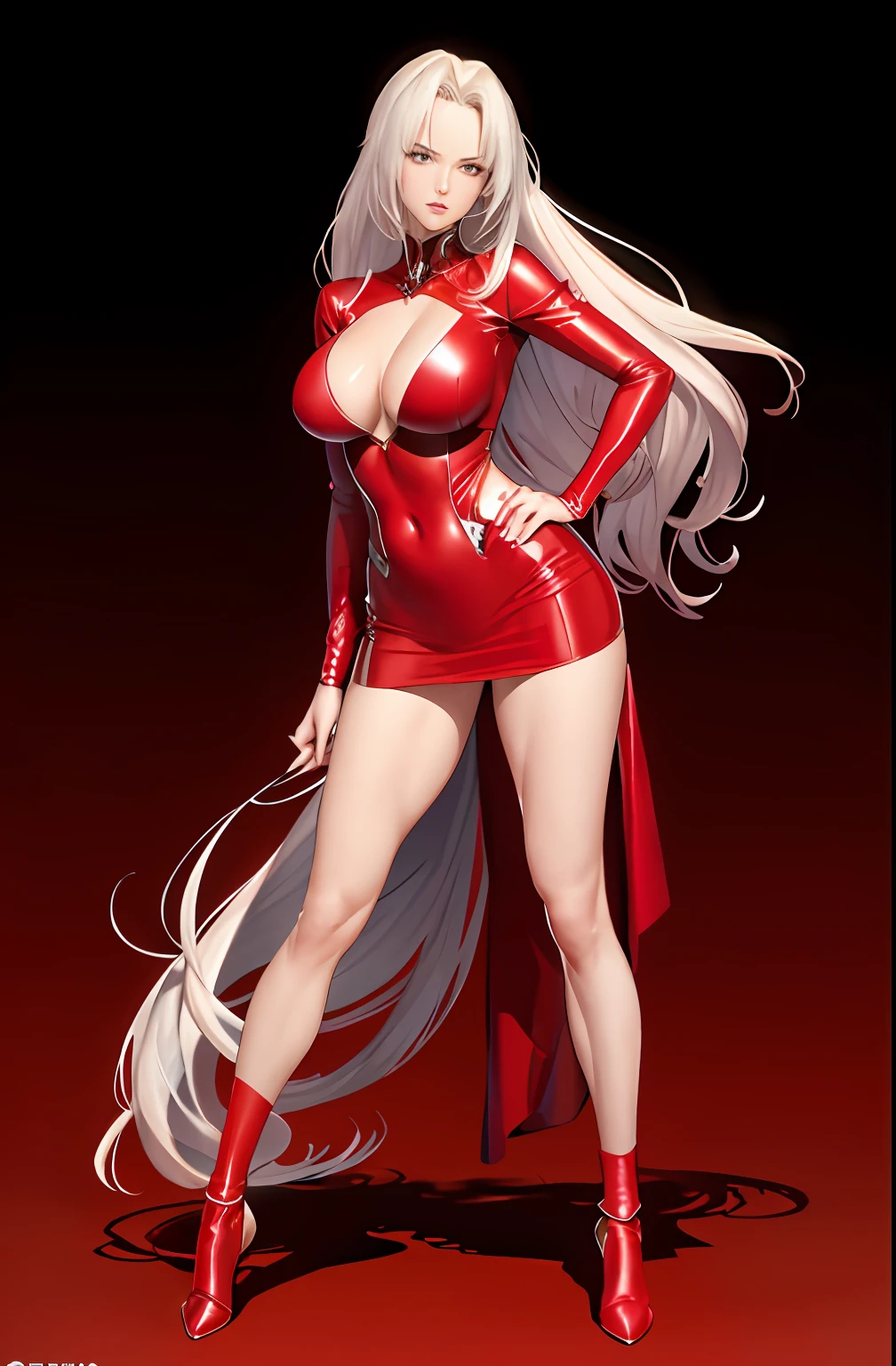 Master anime works，An impeccable masterpiece，8K picture quality: A mature noblewoman in cool sexy clothes standing on solid red background，Female boss，Flowing silver hair，Full-body standing，Slender legs，Straight breasts，Detailed facial details，Naturally beautiful standing，Vivid and authentic body details