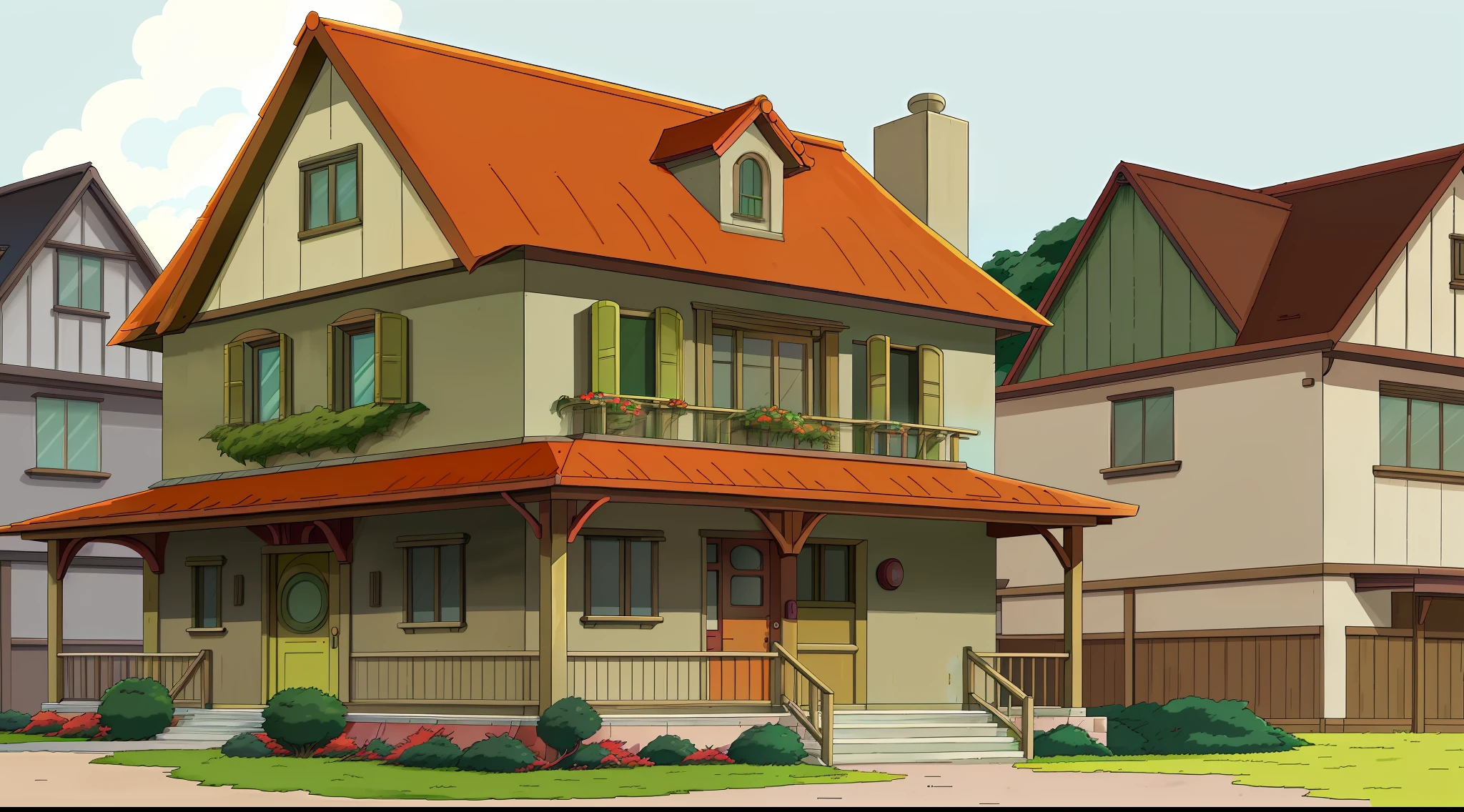 Anime style house，Red roof and green shutters, style of madhouse studio anime, fundo de casa, maison ikkoku, style of madhouse anime, Anime background art, drawn in anime painter studio, ghibli studio anime style, made with anime painter studio, one house, Stuido Ghibli, style in ghibli anime style, In Studio Ghibli style, In Studio Ghibli style