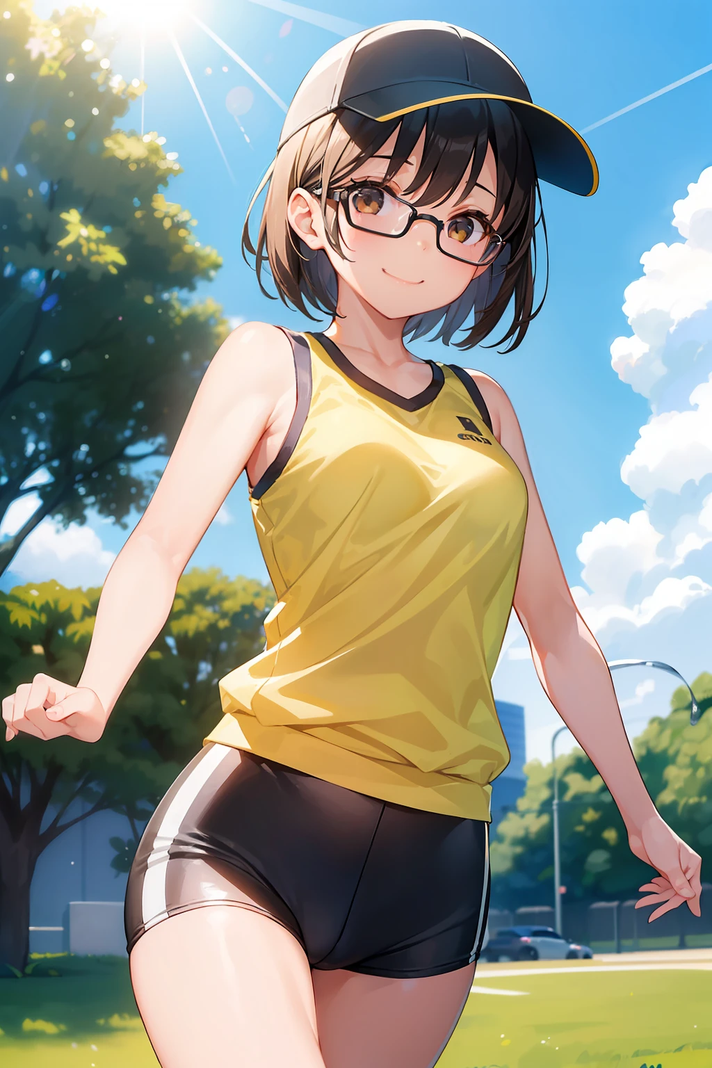 (girl with、Gamine、A dark-haired、short-hair、straight haired、hair adornments、Light brown eyes、A smile、wearing black glasses、small tits、cute  face)、​masterpiece、top-quality、Running figure、sports wear、Sun visor