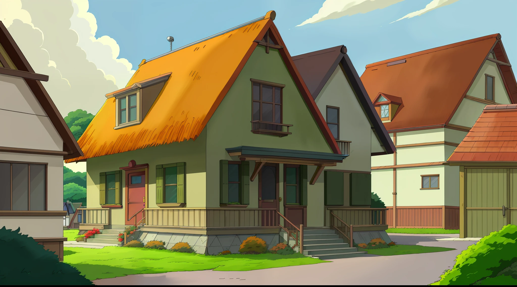 Anime style house，Red roof and green shutters, style of madhouse studio anime, fundo de casa, maison ikkoku, style of madhouse anime, Anime background art, drawn in anime painter studio, ghibli studio anime style, made with anime painter studio, one house, Stuido Ghibli, style in ghibli anime style, In Studio Ghibli style, In Studio Ghibli style