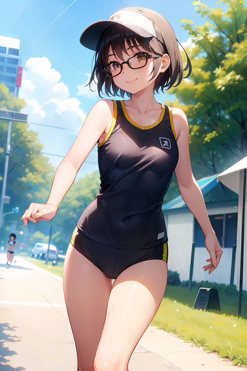 (girl with、Gamine、A dark-haired、short-hair、straight haired、hair adornments、Light brown eyes、A smile、wearing black glasses、small 、cute face)、masterpiece、top-quality、Running figure、sports wear、Sun visor