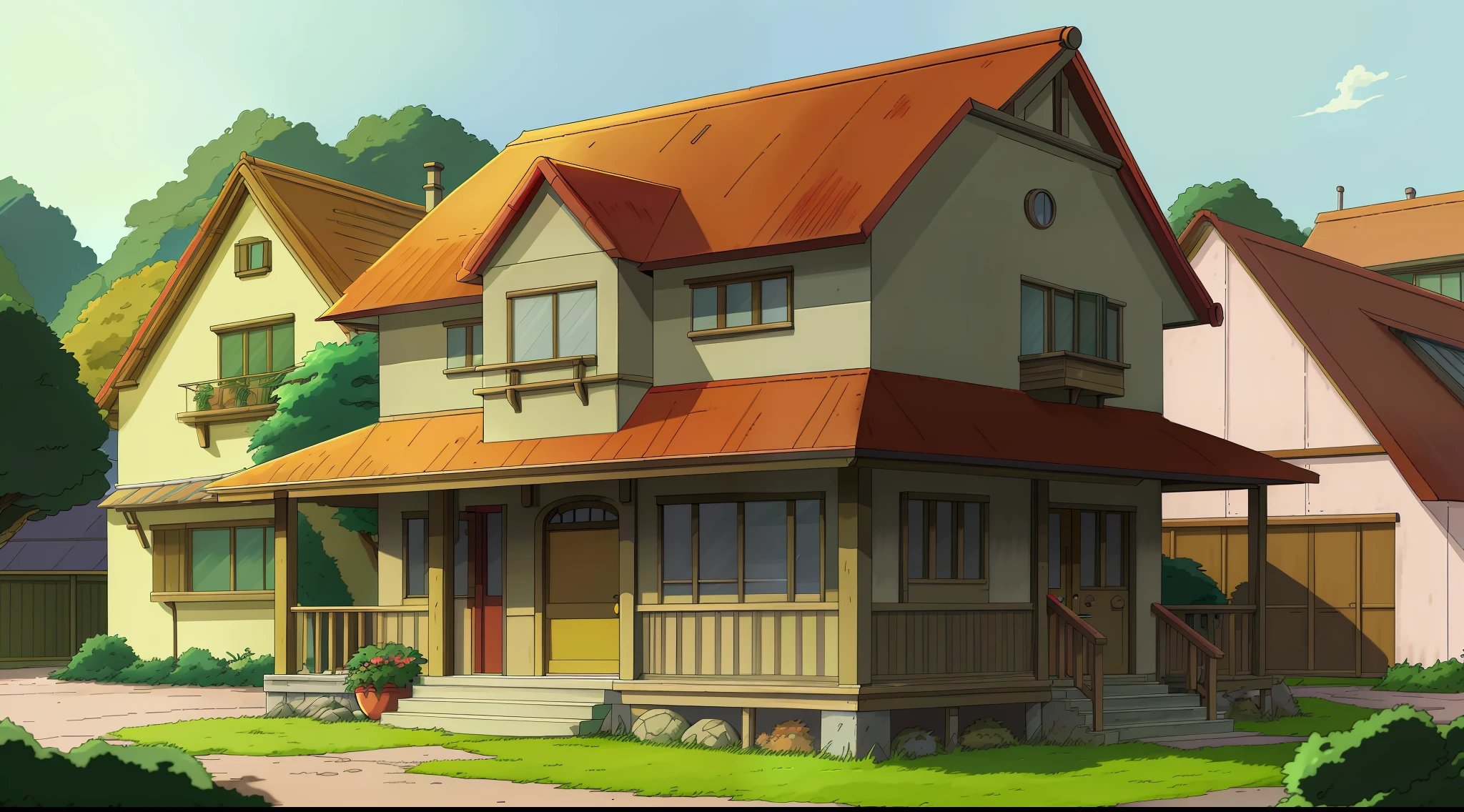 Anime style house，Red roof and green shutters, style of madhouse studio anime, fundo de casa, maison ikkoku, style of madhouse anime, Anime background art, drawn in anime painter studio, ghibli studio anime style, made with anime painter studio, one house, Stuido Ghibli, style in ghibli anime style, In Studio Ghibli style, In Studio Ghibli style