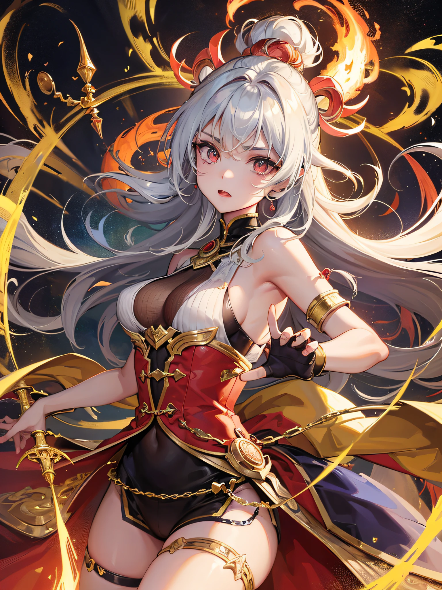 In an ancient chamber filled with arcane symbols and mystical artifacts, Uma poderosa feiticeira adornada em trajes de fogo ergue-se alta, seu cabelo ruivo refletindo as chamas que a cercam. With a wave of the hand, She summons and controls the dancing fire with precision and subtlety, exuding an aura of brute force and magic. A sala pulsa com uma energia sobrenatural enquanto as chamas respondem a todos os seus comandos.