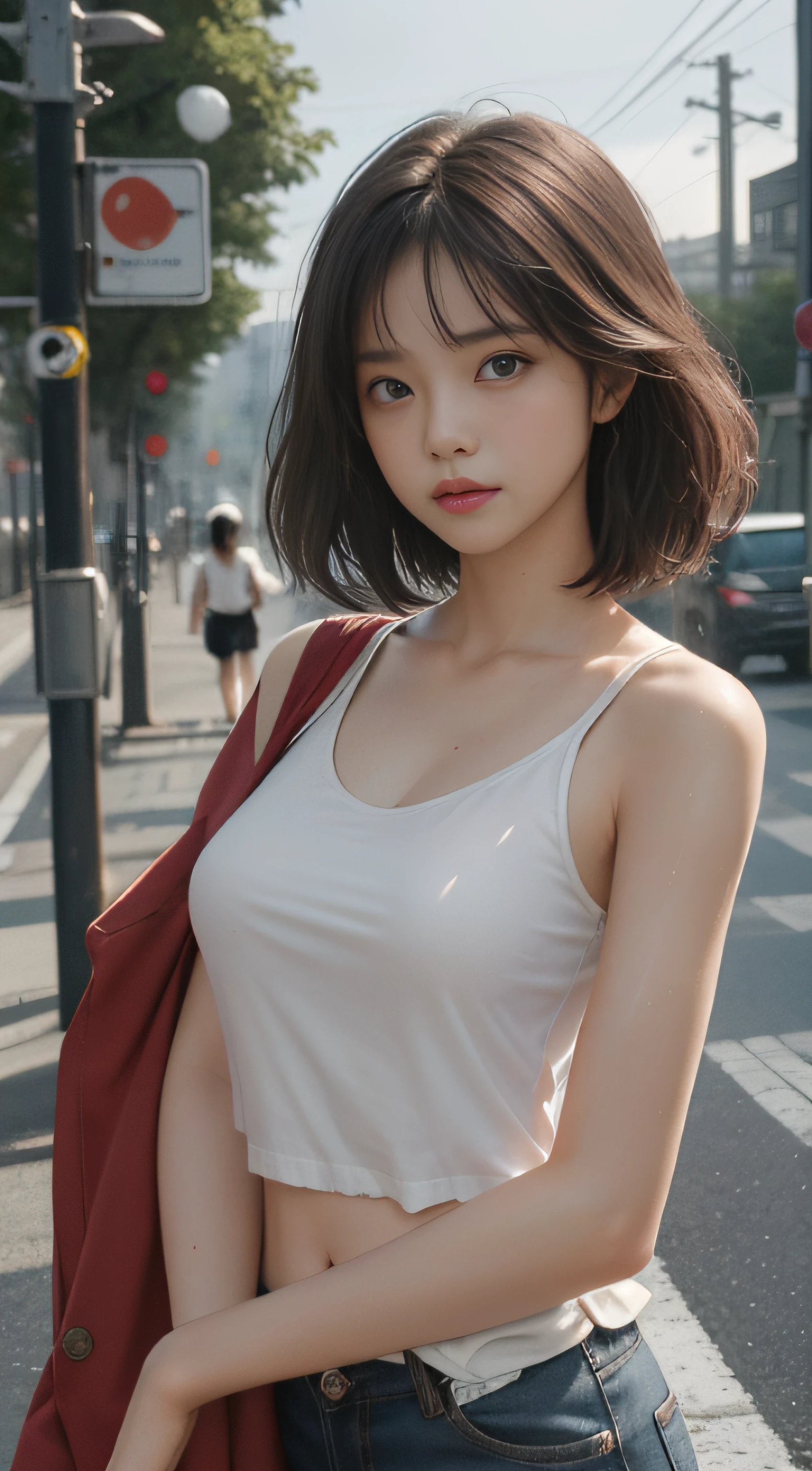 ((Best quality, 8k, Masterpiece :1.3)), Sharp focus :1.2, perfect figure beautiful woman:1.4, Slim abs:1.2, ((Layered Hair Style,)), (Tank top shirt:1.1 ), (the street:1.2), Highly detailed facial and skin texture, A detailed eye, 二重まぶた,（torn laundry：1.5）， Best Picture Quality， tmasterpiece， 超高分辨率， （fidelity：1.4）， photore， 1 rapariga，[（grieves）]，white  shirt， dimly lit， darkly， be desperate， pitying， cute little， cinematic ligh， tears， tear drop， （torn laundry：1.5）， （wetclothes：1.4）， exposed bare shoulders， Real rain， Wet hair,..